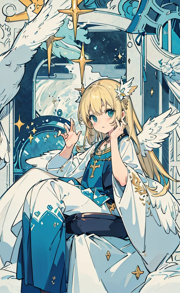 A girl with beautiful detailed eyes, highlighted with a 10% increase in strength, and long blonde hair is the centerpiece of this masterpiece. Her face has an angelic touch, with equal emphasis on her angelic detailed lips. The flowing blonde hair cascades down, framing her angelic face. On her back, she proudly displays a pair of angelic detailed wings, also enhanced with an 10% increase in strength. She is dressed in a feminine uniform that exudes a Catholic European charm, accentuated by the inclusion of angelic details such as a crucifix, rosary, and cross.
The girl is sitting with her legs crossed, wearing an ankle-length skirt that adds to her elegant appearance. The background is filled with heavenly elements, such as angels and stars that light up the sky. The atmosphere is ethereal, as if she is in paradise surrounded by fluffy clouds.
The image quality is of the highest standard, boasting a resolution of 4k, 8k, or even higher. The level of detail is extraordinary, capturing ultra-detailed features. The image has a realistic and photorealistic quality with a 37% increase in realism. The use of HDR and UHD further enhances the visual impact. Studio lighting is employed to create a professional look, ensuring that every detail is brought to life. Vivid colors are employed throughout the image, creating a visually striking effect.
The overall style of the image leans towards a painterly approach, with soft and dreamy colors dominating the palette. The lighting is designed to be soft, adding to the ethereal atmosphere. The composition of the image is perfect for a book cover design. The girl's golden beautiful eyes are a focal point, captivating the viewer with their flawless allure. Her tomboy body is juxtaposed with her strong feminine presence, creating a sense of empowerment and beauty.
Remember, I need the prompt without any additional explanations or punctuation.