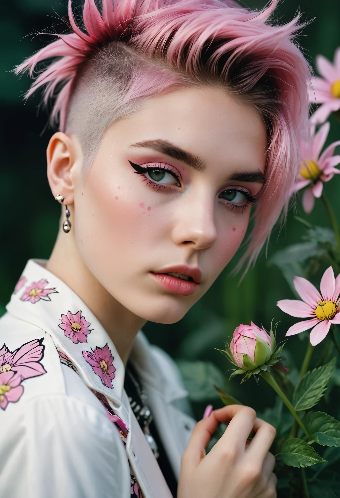 girl on a flower, in the style of androgynous, wollensak 127mm f/4.7 ektar, white and pink, uhd image, punk rock aesthetic, detailed facial features, feminine sensibilities