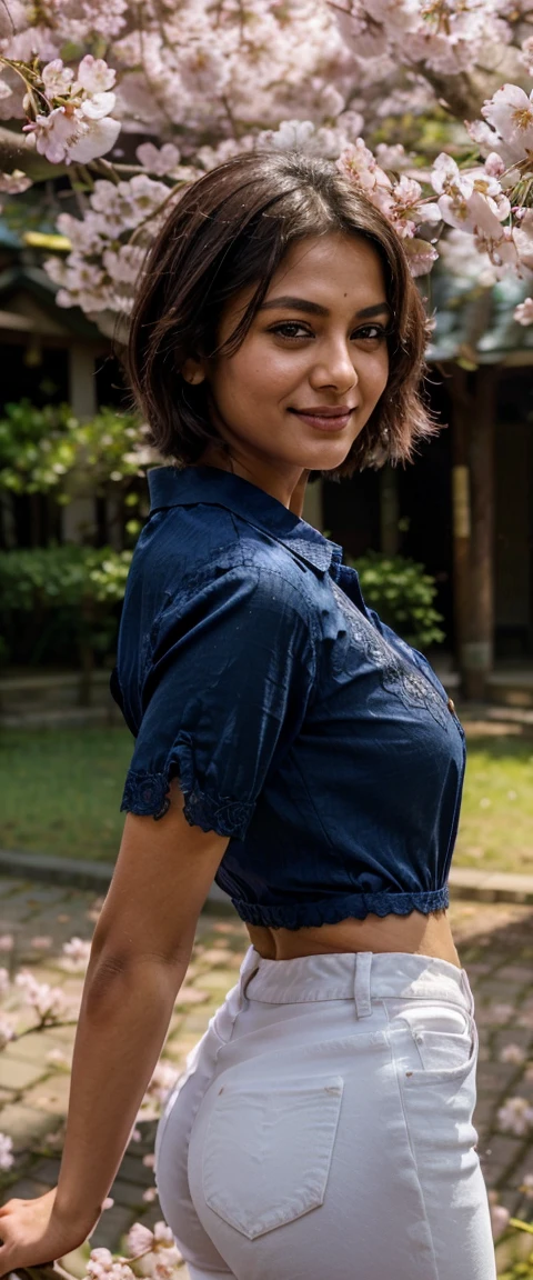 Masterpiece, very beautiful Indian brunette woman, 45 years old, perfect body, wearing a lace (deep blue shirt :1.3) with lace extremely detailed, wearing a white jeans, posing for photo, smiling seductively, excited, short hair, fringe hair, round face, big green eyes, glitter eyes, slight curvy details, Perfect small Round titts, without bra, in a Japanese park, (((cherry blossoms))), on the side from a tree, spring day, falling flowers, sunrise light, volumetric sun light, fog, sunbeams