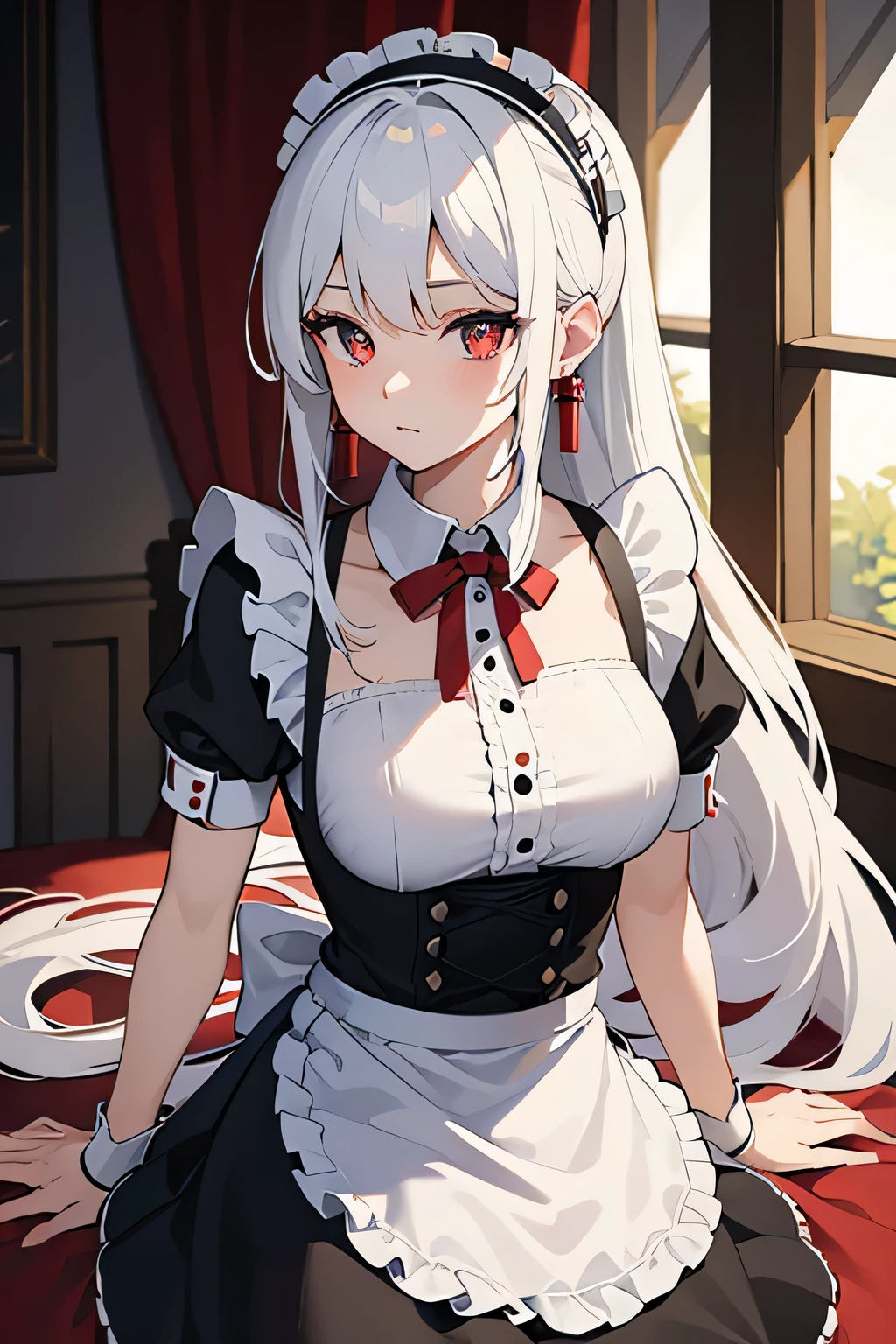 masterpiece, best quality, high resolution, arteries, white hair,red pupils,long hair, low ponytail, Headbands, black ribbon, earrings, maid, permanent, indoors, Skirt fixed, maid headdress,