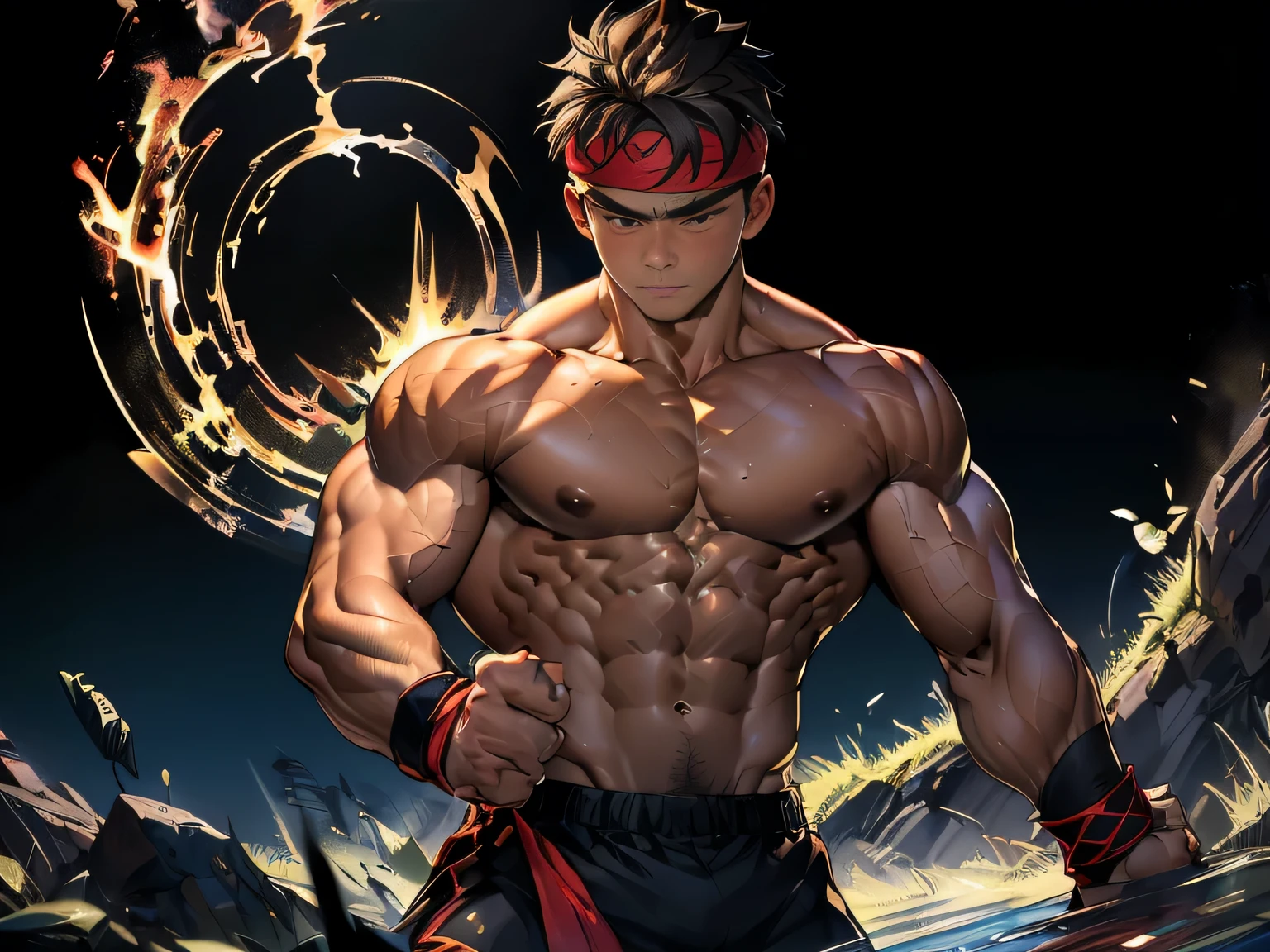 (Masterpiece, Best quality 19 year old boy, black background), solo, Young, boy, muscler, Shirtless, topless, (Dark Short straight hair, under cut, brown eyes), (red headband, ((black wristband))), Vivid colors, (hot Abs:1.2, abs!, big abs, big breast:1.2, chest!, muscler upper arms, clenched fist), (topless male), muscler!, muscler body, Man with martial arts stance, (aura power:1.4), detailed face, detailed muscle, (((A magical mystical aura, fighting pose with enemy, powerful, action, rippling muscles, fighting, Fotografia de combate)))