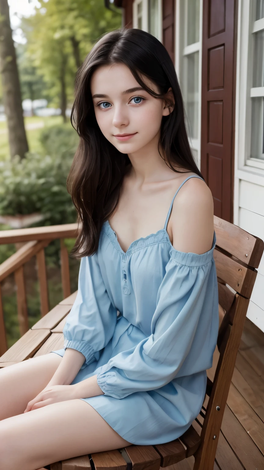 A young girl from Northern Europe, 18 years old, light blue eyes, happy, cute face, pale skin, black hair, eyeliner, thin nose, wearing a neckline, wooden house porch, sitting on a wood chair