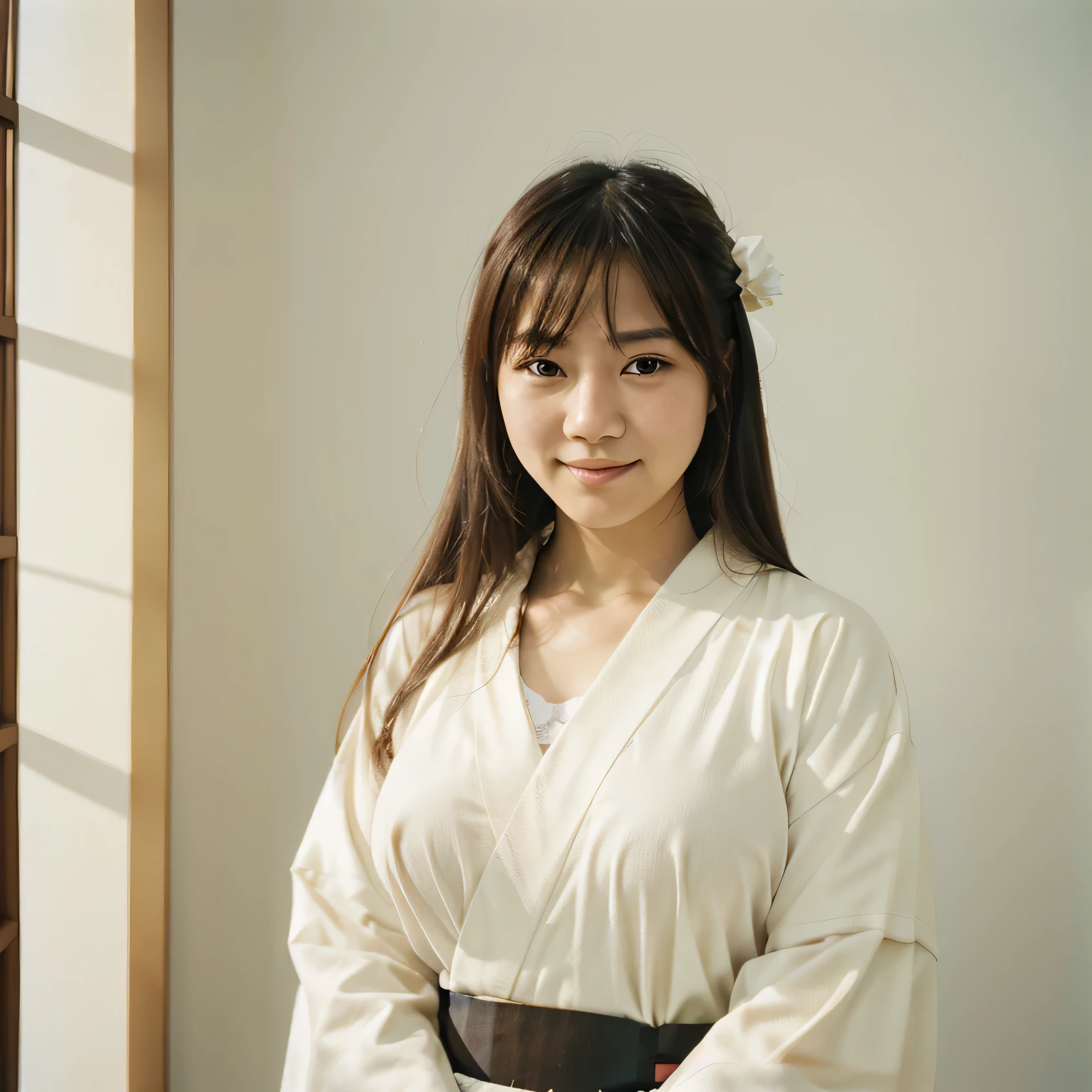 half body portrait of a very young Japanese girl Amanda Martine with large natural breasts shot on Kodak gold 400 film, white studio wall, facing forward, holding a pencil (Japanese girl Amanda Martine), wearing kimono, smiling