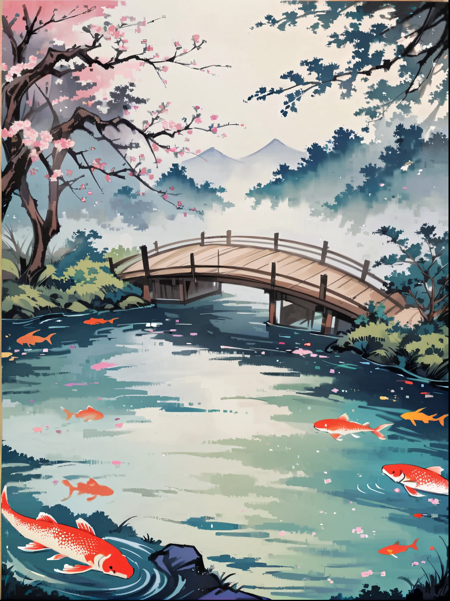 Depict a traditional Japanese fantasy scene. In this setting, there should be a majestic water dragon, intricately detailed and adorned with shimmering, multi-colored scales. The dragon is rising out of a strikingly vibrant koi pond, which is nestled amid a lush, verdant Japanese garden. The surrounding garden is imbued with tranquillity, featuring cherry blossom trees in full bloom and a quaint little stone bridge over the pond. The backdrop should be a mystical, moonlit night sky filled with glowing stars, lending an enchanting ambience to the scene.