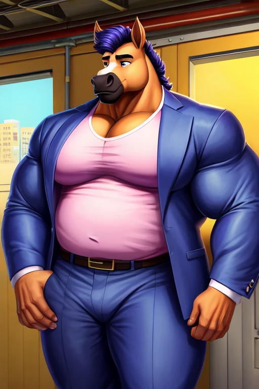 Liminal Space, Dream Core, Nostalgia Core, Anemoia, Kenopsia, location based on Strasburg, Virginia, Location based on Scranton, Virginia, Location based on Altoona, Virginia, Location based on Schenectady, New York, Industrial city, factories, Bara Furry, Anthropomorphic Assateague Horse, Big Pecs, Broad shoulders, big biceps, Musclegut, thick muscular thighs, wearing Indigo colored suit, shirt partially unbuttoned, exposed pecs, Mayor, soft shading, soft colors, vivid colors, pastel colors
