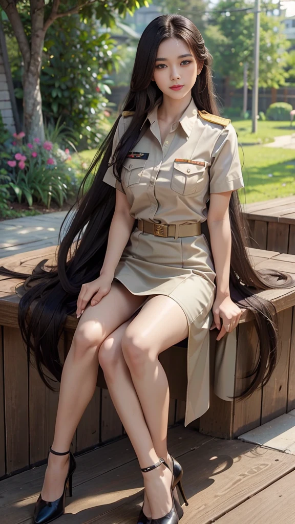 Khaki suit, khaki civil servant, Thai teacher uniform:1.3, Beautiful girl with extra long hair, Two meter long hair, Long hair that catches the eye, long black hair, Her hair is very long., Long, shiny hair, Long, thick, soft hair, Extra long hair, Dynamic posts, เหhandนเต็มตัว, Short sleeve shirtสีกากี, short pencil skirtสีกากี, side cut, Decorated with military insignia., black high heels, The sexiest, small waist, hips raised, small thighs, Long legs, Huge breasts, Huge breasts:1.5, big breast, Very big breasts, Eye-catching breasts, A gigantic rift, Not completely covered, big breast, Huge breast, Big tits D, สาวTwo meter long hair, Beautiful face, red lips, Very shiny, แต่งBeautiful face, Military rank insignia, short pencil skirt, tight, Short sleeve shirt, tight fitting, in the background, blurred garden. ultra short skirt, very short skirt, Wear a miniskirt., hand, (holding a wand, slender wood)