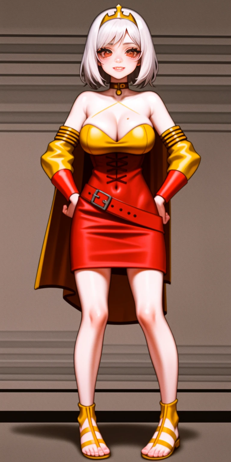 ((BLACK BACKGROUND,1:2, masterpiece)), full body MILF BIMBO standing with two long thighs and two metal sandals, red eyes, silver white hair, short bob style hair, big breasts, cleavage, separate sleeves, tiara royal, long cape up to two feet, yellow bikini, hands on waist, navel, lustful smirking smiling, smile face (red blushed, red cheeks), metal shoulders, gold sleeveless armbands, black leather choker slave collar, shackle bracelets, sex slave red crest, pauldrons, breastplate, corset, eye focus, full body, whole body. 1solo . slave fighter, loincloth standing, hands on hips, metal sandals, backpack, choker, big belt, view from below, feet together, bracers, tiara)