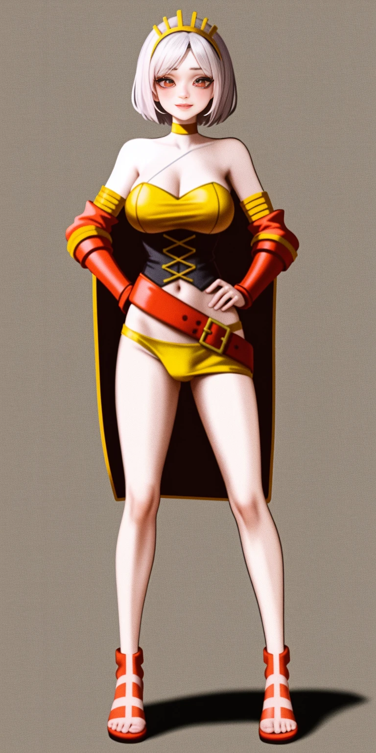 ((BLACK BACKGROUND 1:2, masterpiece)) 1solo female full body MILF BIMBO standing straight symmetrical with two long thighs, red eyes like rubies, eye focus looking to the viewer, silver white hair, short bob style hair, big knockers breastplate, breastplate, cleavage, tiara royal, long cape up to two feet, yellow bikini (yellow tiger stripes), lustful smirking smiling, smile face (red blushed, red cheeks) pauldrons metal shoulders, gold sleeveless bracelets, separate sleeves, hands on waist hands OR hips, golden bracers, metal handcuffs, leather corset, red loincloth, black leather choker slave collar, shackles bracelets, slave red crest under navel, navel, big belt around waist OR hips, feet together, metal ankle, two long thighs and two metal sandals