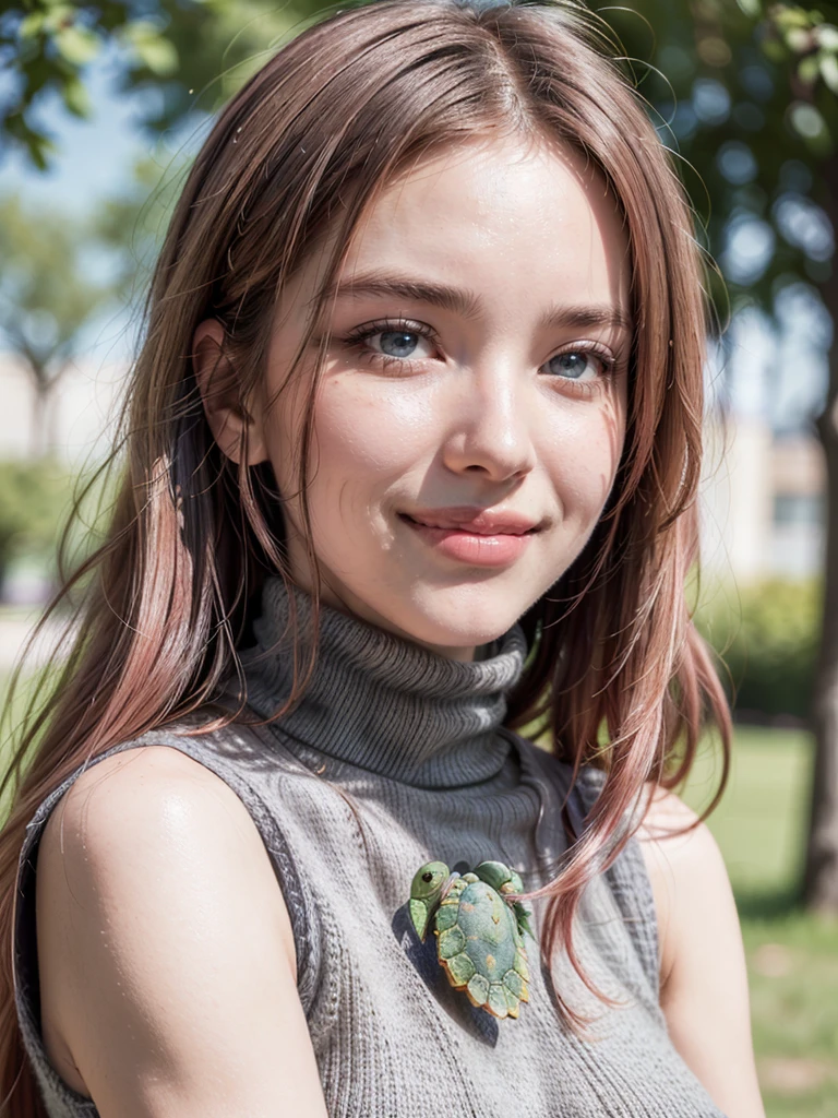 Brown hair, (best quality, 4k, 8k, high-res, masterpiece:1.2), ultra-detailed, (realistic, photorealistic, photo-realistic:1.37), (beautiful detailed eyes, beautiful detailed lips, extremely detailed eyes and face:1.5), (environmental lighting:1.5), physically-based rendering, vivid colors, (big tits, super big , super extra big tits:1.5), (gray color, sleeveless turtleneck knit:1.5), (natural smile:1.5), (pink hair color, hair blowing in the wind, shiny hair, shiny skin), (park, blurred background:1.37), (tilt your head to the side:1.5), Brown hair