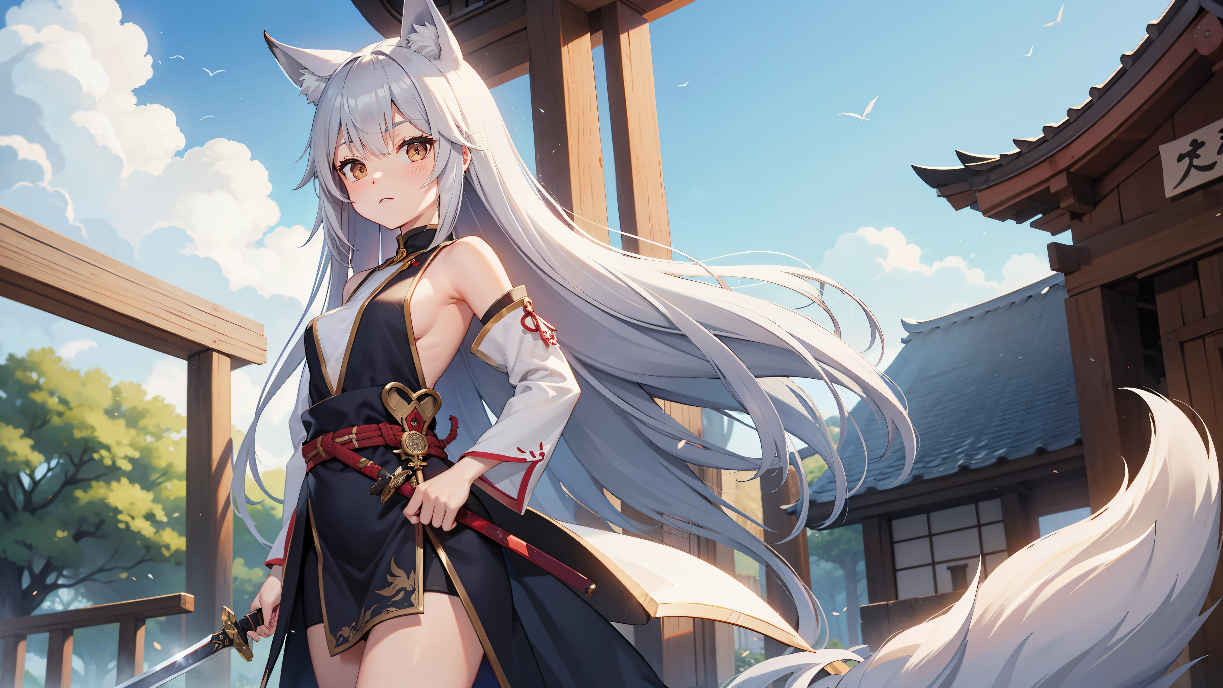 lily、gray hair、Fox、warrior、shrine、long hair、small 、highest quality、He has a sword at his waist.、woman