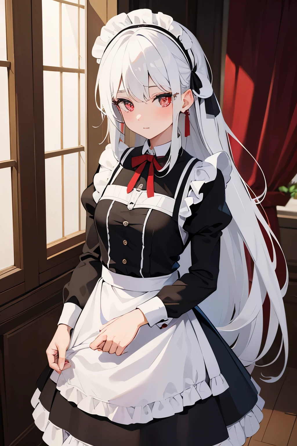 masterpiece, best quality, high resolution, arteries, white hair，red pupils，long hair, low ponytail, Headbands, black ribbon, earrings, maid, permanent, indoors, Skirt fixed, maid headdress,
