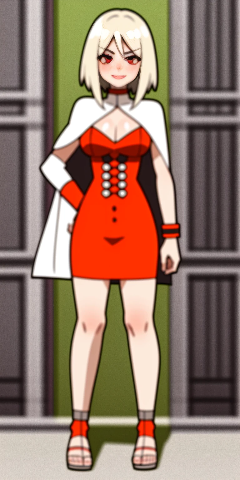 ((BLACK BACKGROUND,1:2, masterpiece)), full body MILF BIMBO standing with two long thighs and two metal sandals, red eyes, silver white hair, short bob style hair, big breasts, cleavage, separate sleeves, tiara royal, long cape up to two feet, yellow bikini, hands on waist, navel, lustful smirking smiling, smile face (red blushed, red cheeks), metal shoulders, gold sleeveless armbands, black leather choker slave collar, shackle bracelets, sex slave red crest, pauldrons, breastplate, corset, eye focus, full body, whole body. 1solo . slave fighter, loincloth standing, hands on hips, metal sandals, backpack, choker, big belt, view from below, feet together, bracers, tiara)