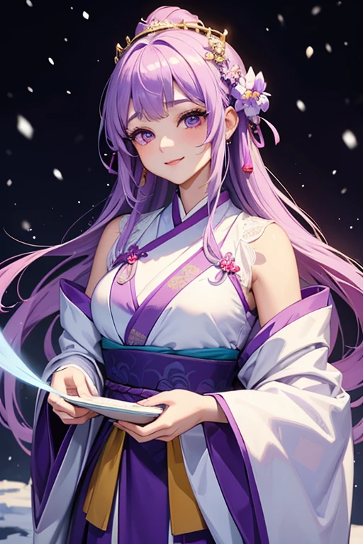 Light purple Taoist robe, Hanfu long skirt, big eyes, masterpiece absolutely beautiful, 1 female, close up. close up, healing smile, snow scene, 4k quality, Princess Hairstyle Princess Haircut, simple hair accessories, plum bossom, People cannot forget its beauty when they see it