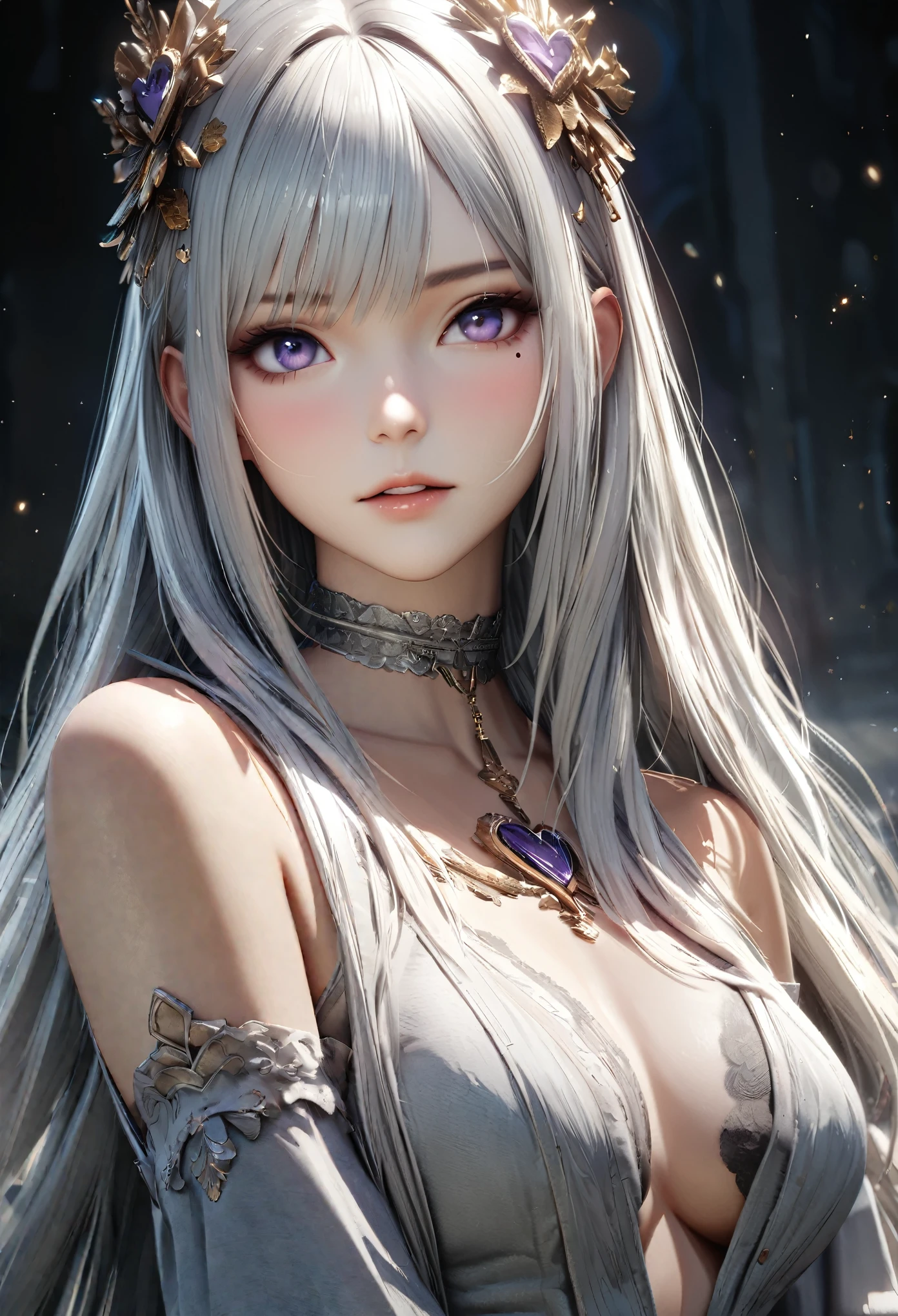 Masterpiece, Best Quality, Super Detailed, High Definition, Expensive Resolution, HDR, 4k, 8K, Unity 8k Wallpaper, Super Detailed CG, Masterpiece, Realistic, 2D, 3D, Beautiful Details, Depth, Fine Texture, Super Fine: 1.3, Complete concentration, crispy skin, him, very cute anime girl, high , expensive silver long hair, one girl, silver long hair, high , mole under the eye, gaze, expensive, blush,, parted Lips, hair ornament, heart, purple eyes, choker