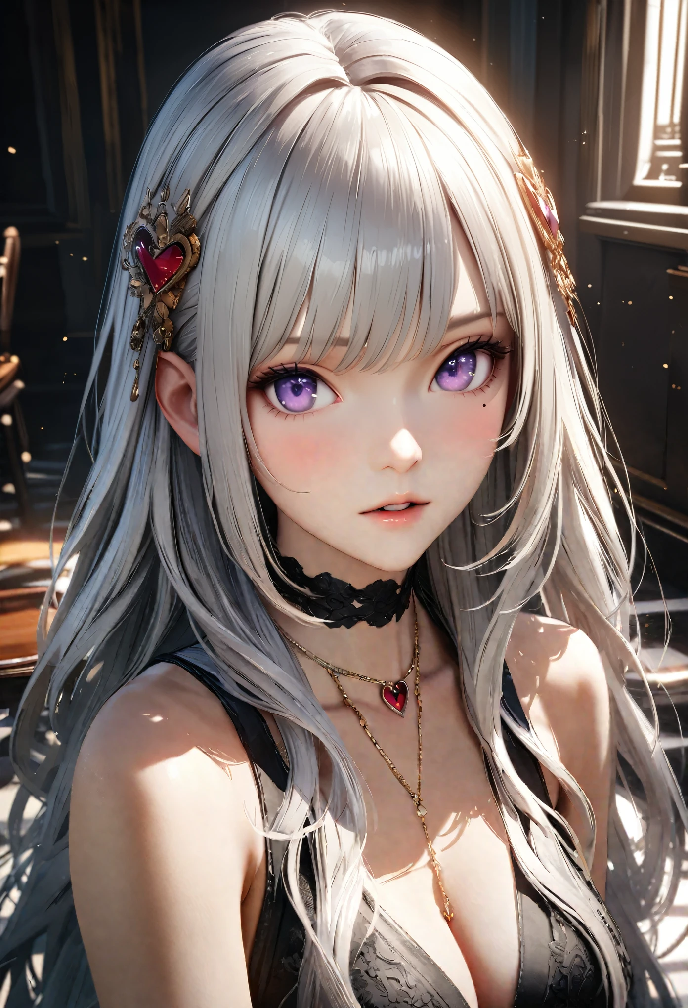 Masterpiece, Best Quality, Super Detailed, High Definition, Expensive Resolution, HDR, 4k, 8K, Unity 8k Wallpaper, Super Detailed CG, Masterpiece, Realistic, 2D, 3D, Beautiful Details, Depth, Fine Texture, Super Fine: 1.3, Complete concentration, crispy skin, him, very cute anime girl, high , expensive silver long hair, one girl, silver long hair, high , mole under the eye, gaze, expensive, blush,, parted Lips, hair ornament, heart, purple eyes, choker