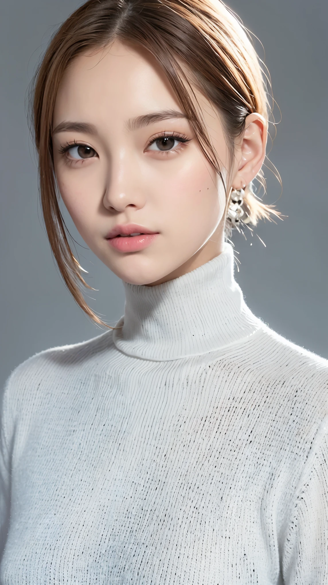 (masterpiece, best image quality, high quality, High resolution, realistic:1.2), (bright lighting, professional lighting), one woman, realistic skin, fine skin, beautiful skin, expensive, muscular body, (black hair, extra short hair, eyelash extensions, fine eyes, black eye, How to draw eyes carefully, looking at the viewer, cute, embarrassing:1.2), (Lean upper body:1.2), A portrait-like solid color background, (A light white turtleneck sweater, The clothes fit:1.3), gentle smile, I can see some teeth, upper body shot