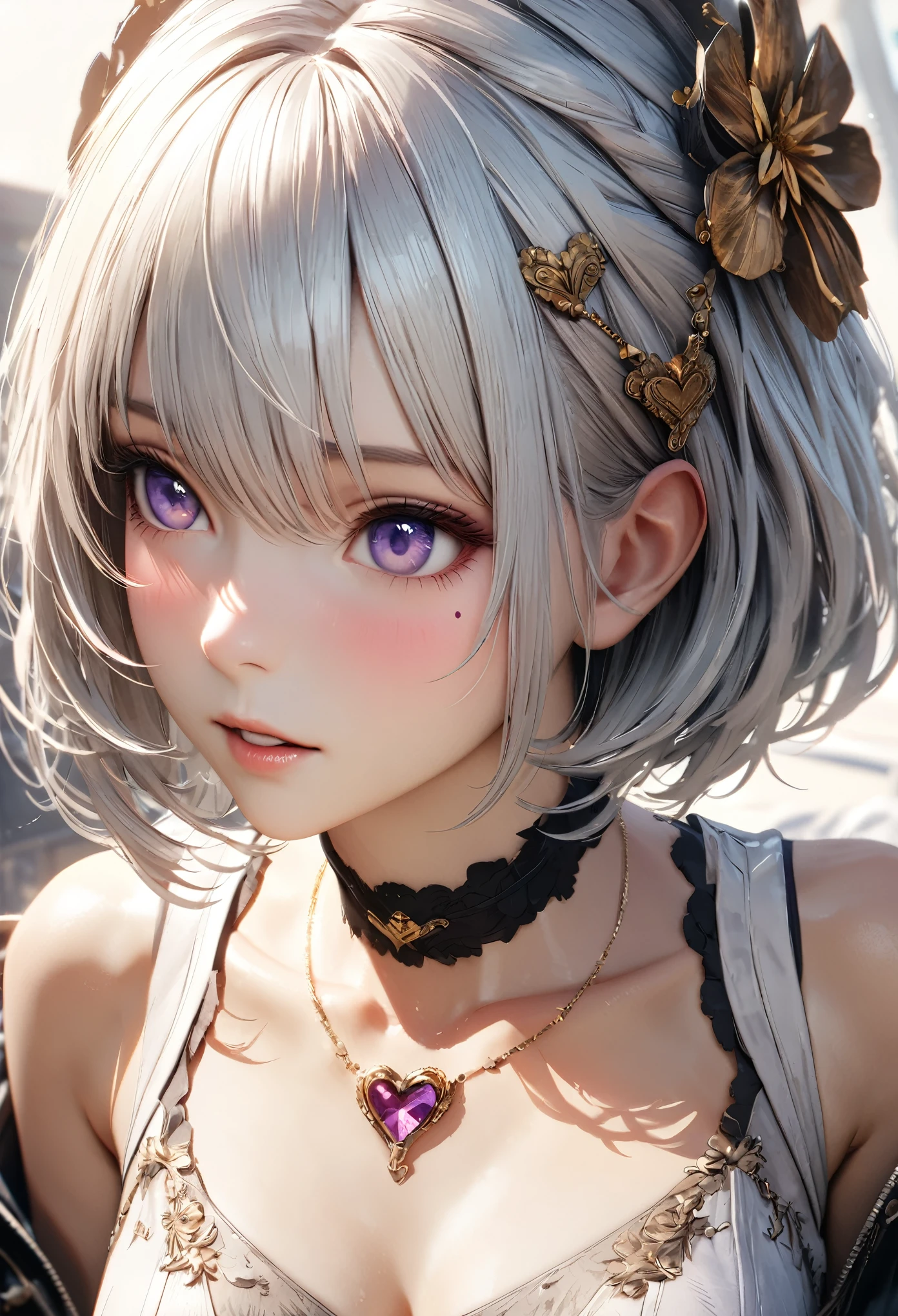Masterpiece, Best Quality, Super Detailed, High Definition, Expensive Resolution, HDR, 4k, 8K, Unity 8k Wallpaper, Super Detailed CG, Masterpiece, Realistic, 2D, 3D, Beautiful Details, Depth, Fine Texture, Super Fine: 1.3, Complete concentration, crispy skin, him, very cute anime girl, high , expensive silver short hair, one girl, silver short hair, high , mole under the eye, gaze, expensive, blush,, parted Lips, hair ornament, heart, purple eyes, choker