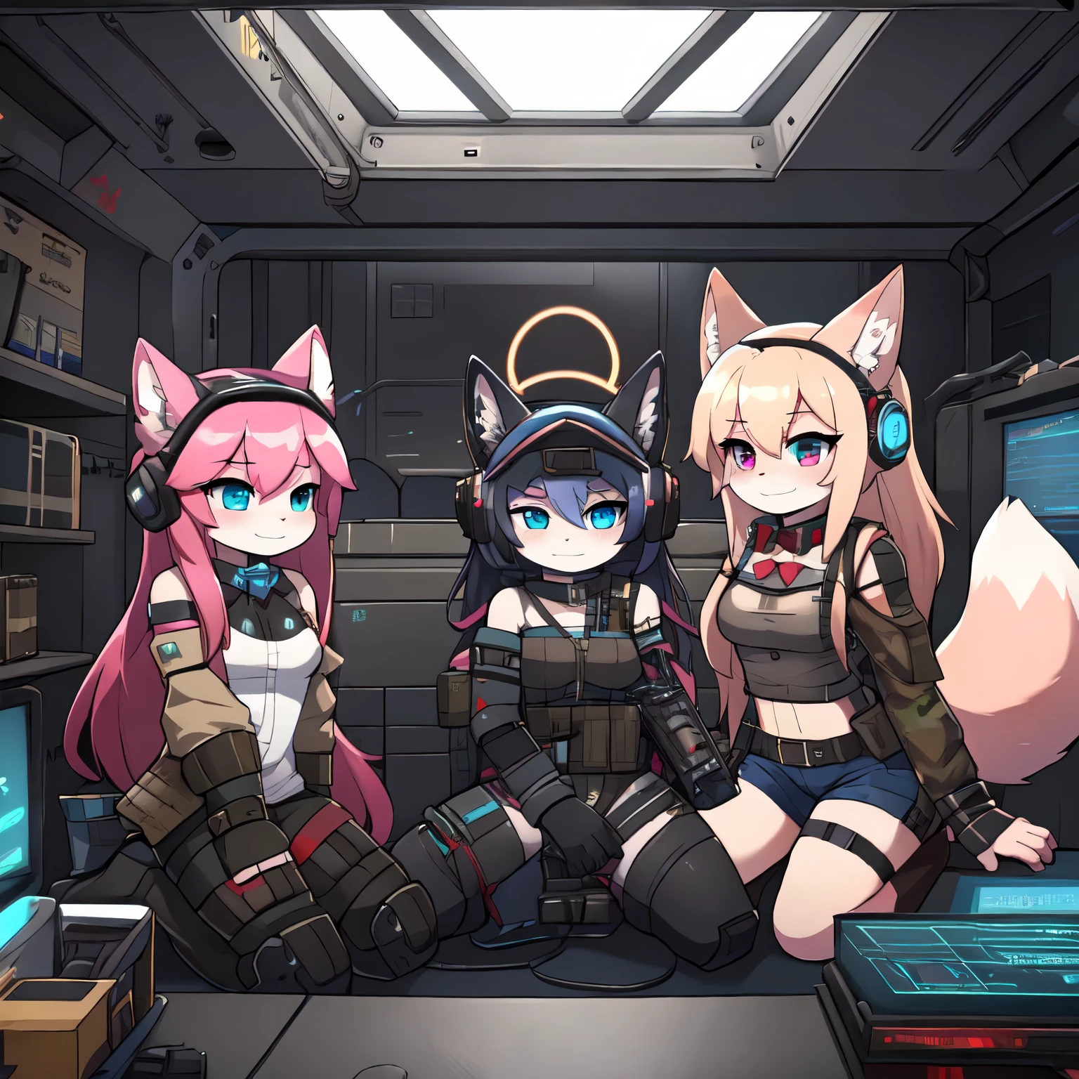 Kawaii, Pink striped Fluffy Fox, emaciated, Pink long hair, left eye is red, right eye is blue, heterochromia, 3girls, artificial synthetic skin, life support prosthetics, biological prosthetic legs, digital headphones, biological prosthetic arms, red collared bow tie, Military-under shirt, thigh-high-socks, shorts, Grey long-Sleeve loose off-the-shoulder digital display Military hood jacket, tactical gun holsters in thigh, Mechanical boots, metallic knee pads, tactical belted loose Arm Sleeves, watch, cybernetic Display gloves, chest rigs, tactical belts, blue-archive halo, rifle on the back, bulletproof goggles, ark nights,