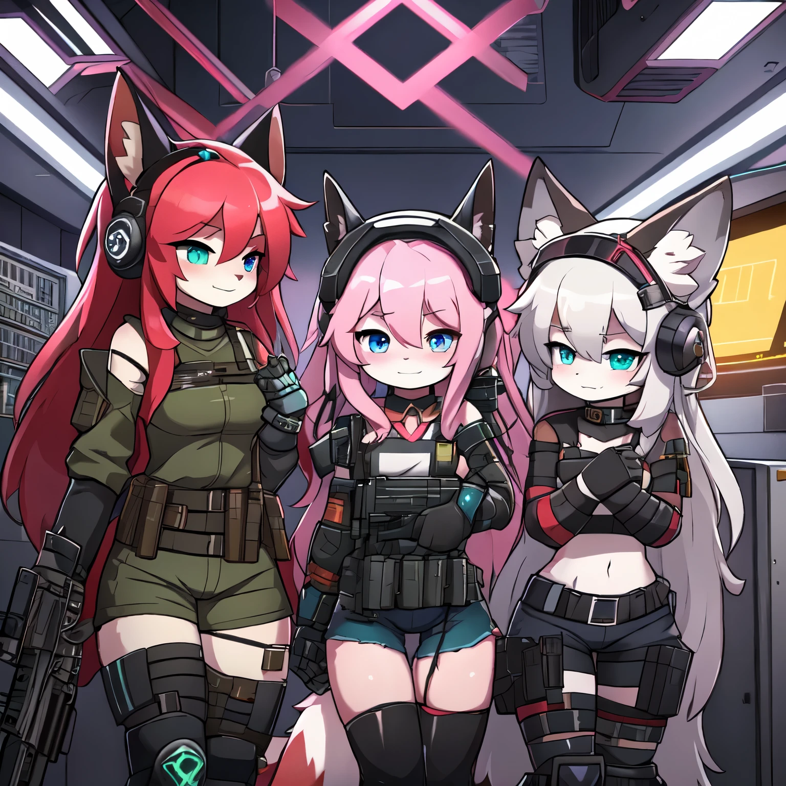 Kawaii, Pink striped Fluffy Fox, emaciated, Pink long hair, left eye is red, right eye is blue, heterochromia, 3girls, artificial synthetic skin, life support prosthetics, biological prosthetic legs, digital headphones, biological prosthetic arms, red collared bow tie, Military-under shirt, thigh-high-socks, shorts, Grey long-Sleeve loose off-the-shoulder digital display Military hood jacket, tactical gun holsters in thigh, Mechanical boots, metallic knee pads, tactical belted loose Arm Sleeves, watch, cybernetic Display gloves, chest rigs, tactical belts, blue-archive halo, rifle on the back, bulletproof goggles, ark nights,