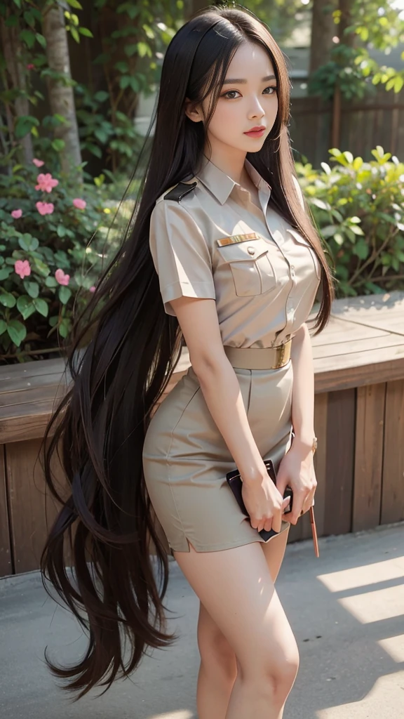 Khaki suit, khaki civil servant, Thai teacher uniform:1.3, Beautiful girl with extra long hair, Two meter long hair, Long hair that catches the eye, long black hair, Her hair is very long., Long, shiny hair, Long, thick, soft hair, Extra long hair, Dynamic posts, เหhandนเต็มตัว, Short sleeve shirtสีกากี, short pencil skirtสีกากี, side cut, Decorated with military insignia., black high heels, The sexiest, small waist, hips raised, small thighs, Long legs, Huge breasts, Huge breasts:1.5, big breast, Very big breasts, Eye-catching breasts, A gigantic rift, Not completely covered, big breast, Huge breast, Big tits D, สาวTwo meter long hair, Beautiful face, red lips, Very shiny, แต่งBeautiful face, Military rank insignia, short pencil skirt, tight, ultra short skirt, very short skirt, Wear a miniskirt., Short sleeve shirt, tight fitting, in the background, blurred garden., hand, (holding a wand, slender wood)