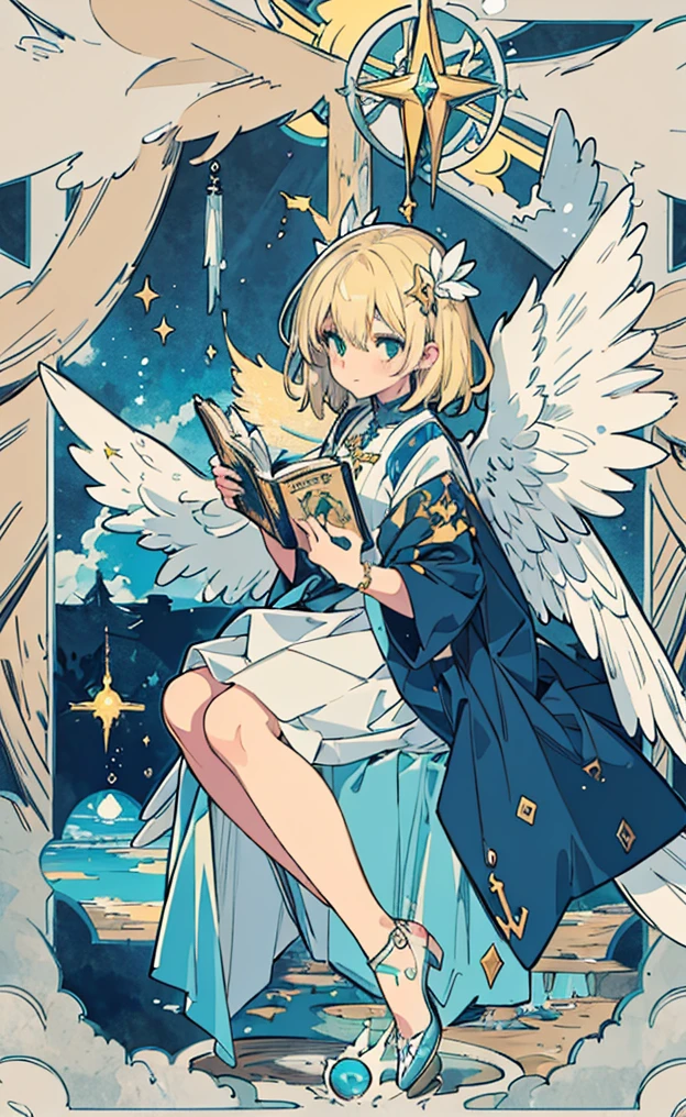 A girl with beautiful detailed eyes, highlighted with a 10% increase in strength, and long blonde hair is the centerpiece of this masterpiece. Her face has an angelic touch, with equal emphasis on her angelic detailed lips. The flowing blonde hair cascades down, framing her angelic face. On her back, she proudly displays a pair of angelic detailed wings, also enhanced with an 10% increase in strength. She is dressed in a feminine uniform that exudes a Catholic European charm, accentuated by the inclusion of angelic details such as a crucifix, rosary, and cross.
The girl is sitting with her legs crossed, wearing an ankle-length skirt that adds to her elegant appearance. The background is filled with heavenly elements, such as angels and stars that light up the sky. The atmosphere is ethereal, as if she is in paradise surrounded by fluffy clouds.
The image quality is of the highest standard, boasting a resolution of 4k, 8k, or even higher. The level of detail is extraordinary, capturing ultra-detailed features. The image has a realistic and photorealistic quality with a 37% increase in realism. The use of HDR and UHD further enhances the visual impact. Studio lighting is employed to create a professional look, ensuring that every detail is brought to life. Vivid colors are employed throughout the image, creating a visually striking effect.
The overall style of the image leans towards a painterly approach, with soft and dreamy colors dominating the palette. The lighting is designed to be soft, adding to the saint, magic and ethereal atmosphere. The composition of the image is perfect for a book cover design. The girl's golden beautiful eyes are a focal point, captivating the viewer with their flawless allure. Her tomboy body is juxtaposed with her strong feminine presence, creating a sense of empowerment and beauty. Tarot card ilustration Style.
Remember, I need the prompt without any additional explanations or punctuation.