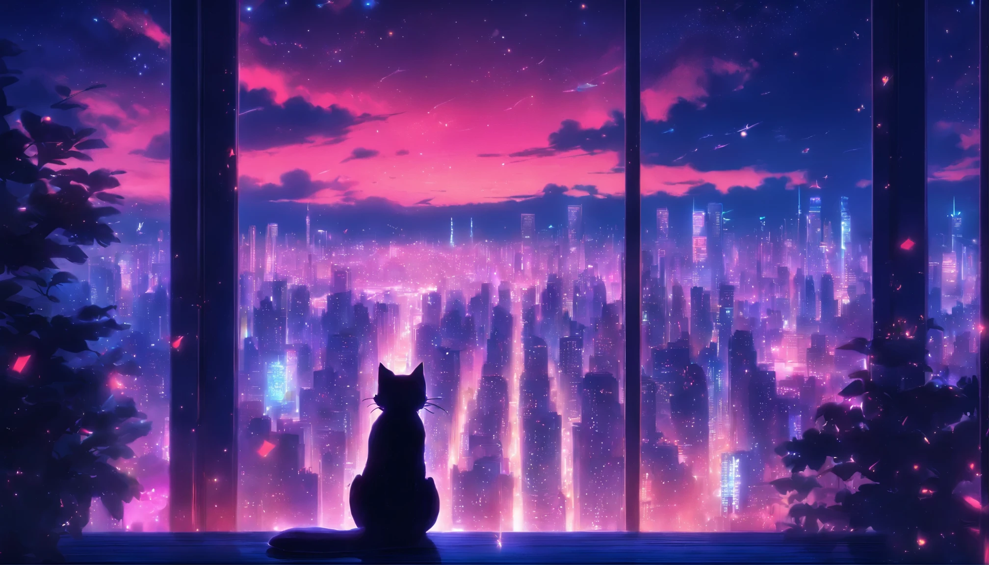 (Reddish、pink),octane, null, performer(null), landscape, 星null, night,(,一匹のCat、I'll be there for you:1.5),(I'll be there for you:1.3),Cat,近いnull, solo,, built, cloud, shooting star, hair length, city, silhouette, Superb view of the cityscape,from behind,View from inside a high rise apartment