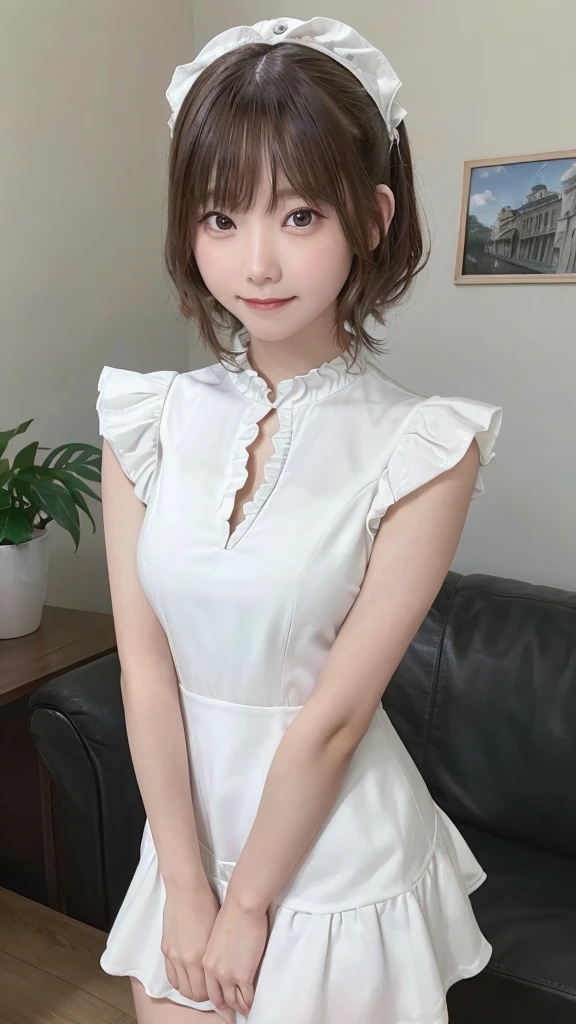 table top, highest quality, 8K, 21 years old,Raw photo, absurd, award-winning portraits, smile, alone, idol face, violaces, delicate girl, Upper body, Digital single-lens reflex camera, looking at the viewer, Frank, Sophisticated,thin arms, professional lighting, film grain, chromatic aberration, (Eye and face details:1.0), (Bokeh:1.1) , (White short sleeve dress with ruffles:1.2) , close your mouth