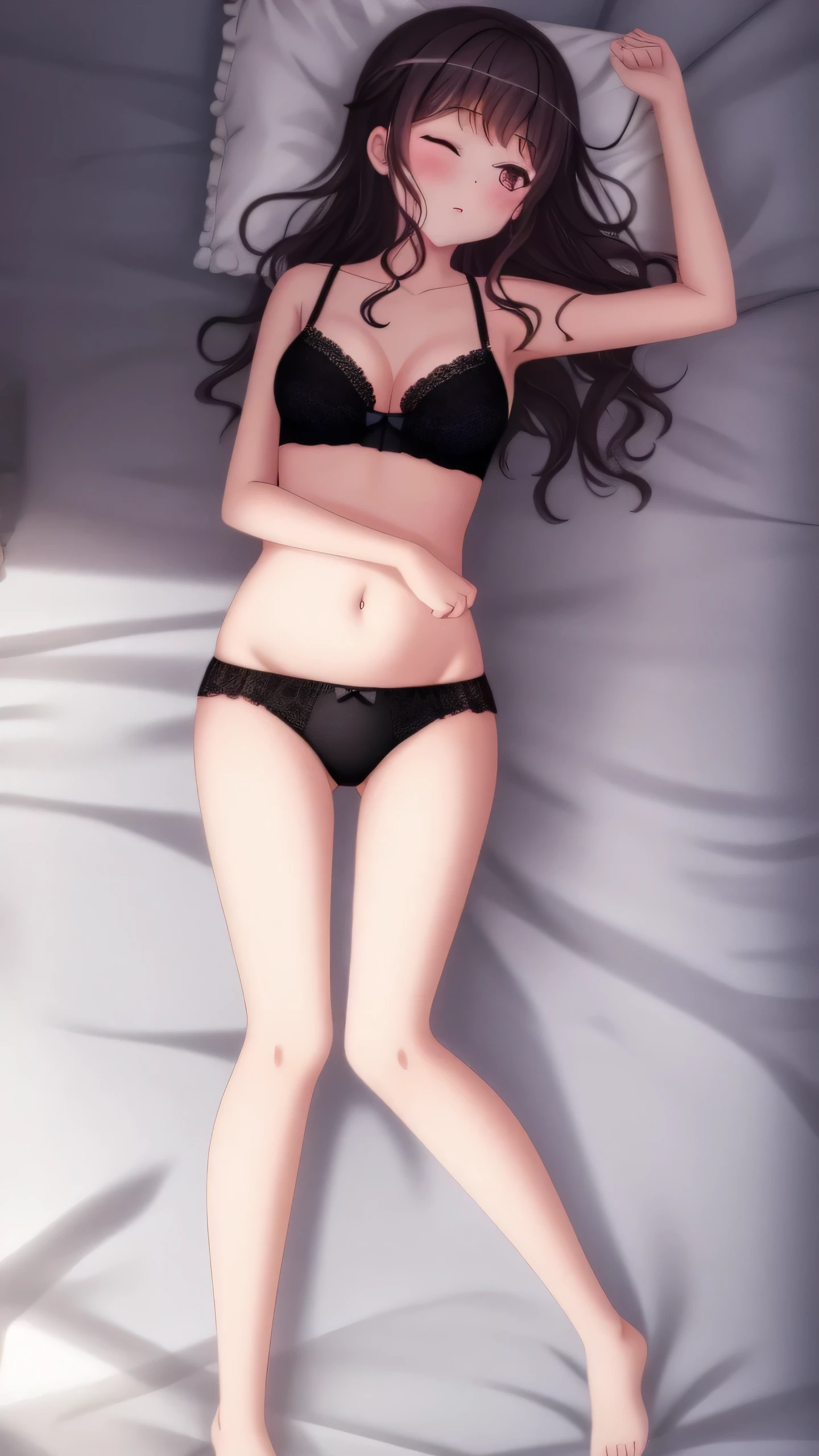 1 girl, underwear, Pink hair, thigh, Black_underwear,, long_hair, breast, white pajamas,unbuttoned pajamas,open income,navel,bare belly,eyes closed,eyes closed, In the bedroom, hindquarters, Bangs, split, blush,Lying in bed,black,Full body female love,arms open,legs spread,