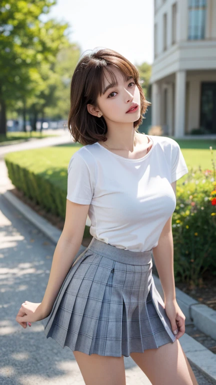 ((Group photo))、Layered Haircut,(8K,Highest quality),Full Body Shot,Shot from medium distances,open-collar shirt、Wear a JK skirt,Full body photo、 Adorable, smile, length, brown hair, 32k, masterpiece, Best image quality,Ultra-high resolution,Perfect hands,Black Choker、blue eyes、bangs、Very numerous and very long eyelashes、 Morning on the Plateau、Summer clothes、((Big Breasts)), Mountain, Mountain道, forest, blue sky、Student population