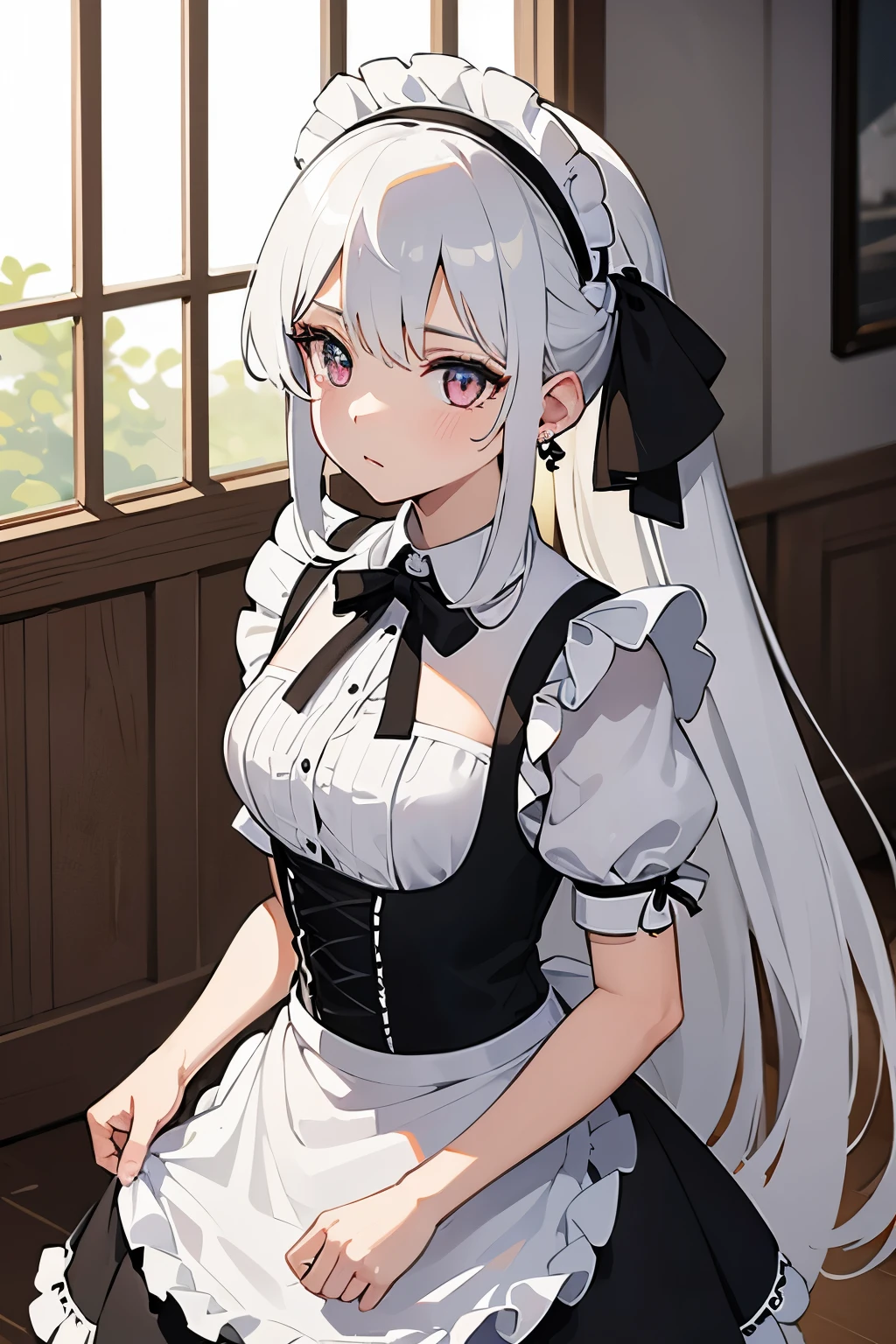 masterpiece, best quality, high resolution, arteries, white hair,Light gray pupil,long hair, low ponytail, Headbands, black ribbon, earrings, maid, permanent, indoors, Skirt fixed, maid headdress,
