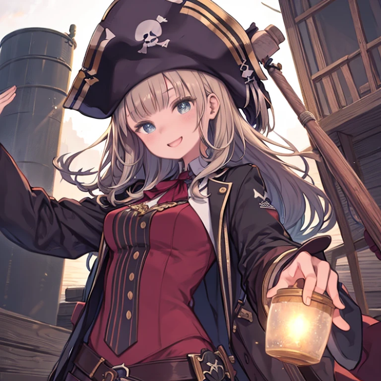 One adult woman, pink eyes, long blonde hair, smile, pirate clothes