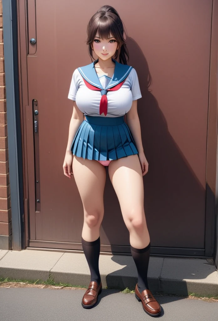 ((Japanese high school uniform)),Wear a short pleated skirt 、Silk panties sticking out、panty shot、focus on panties、Soft skin、ponytail, japanese girl, 8K, huge breasts,full body shot、 highest quality, masterpiece, realistic, Photorealistic super detail, one girl, cute, best smile, beautiful eyes, long hair, perfect face,full body shot