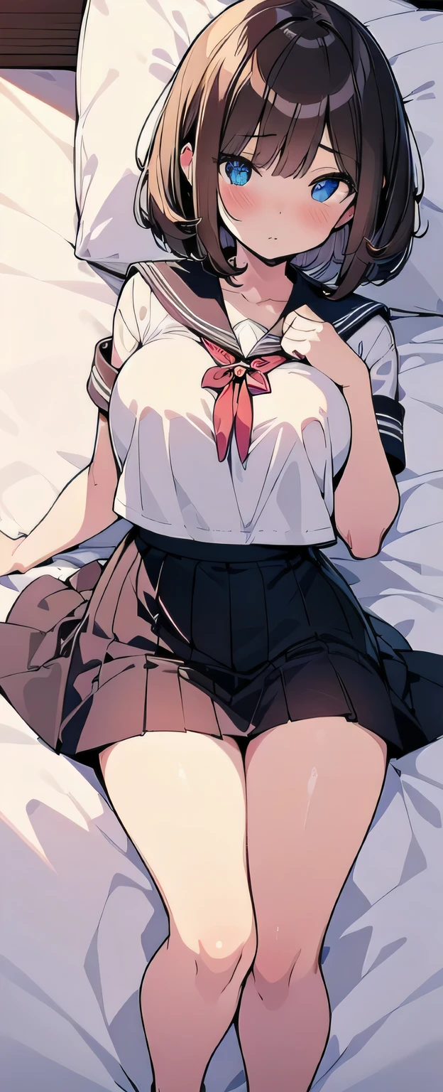 (best quality), (Super detailed), (Best Illustration), (1woman), full body, look at viewer, (white serafuku), (lying on bed:1.2), (large breasts), blush, {brown hair, (bob cut:1.2), curly hair, hairs between eyes}, {(detailed eyes), twinkle(in the eyes), blue eyes},