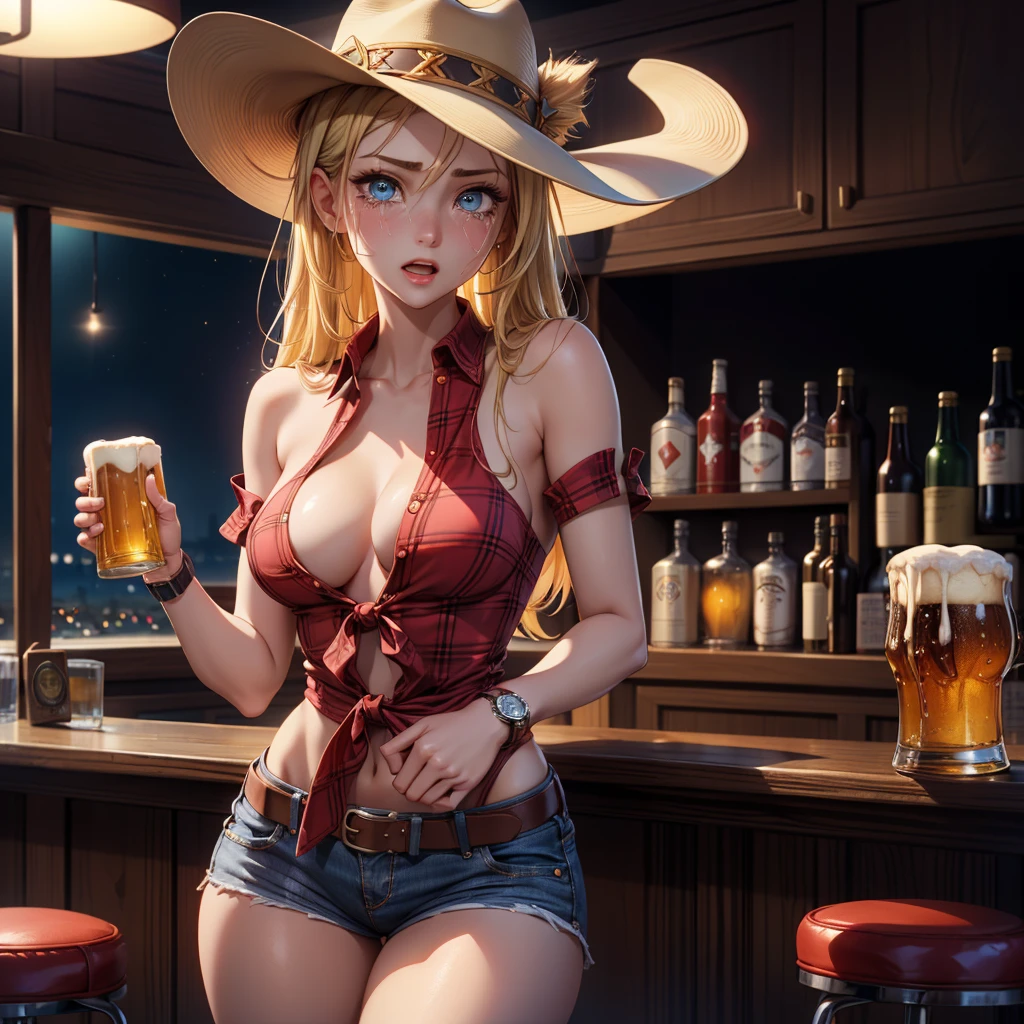 (((cowgirl costume))),(((have a beer))),(((small breasts))),(((Low waist denim shorts))),(((Wear a western hat))),(((Wearing a leather belt))),(((He is wearing a red short-sleeved plaid tie-front shirt))),(((Wearing a watch))),(((show cleavage))),(((Bare Thin Inner Thighs))),(((naked side boob))),(((bare arms))),(((Her hair is blonde))),, beautiful slender girl, very detailed目と顔, 緻密でbeautiful eyes, Super detailed, High resolution, highest quality, masterpiece, very detailed, 8k wallpaper, wonderful, finely, highest quality, light shines on your face,,1 girl,(Late-night bar,),beautiful eyes,crying face,Tears are streaming down my face、open your mouth
