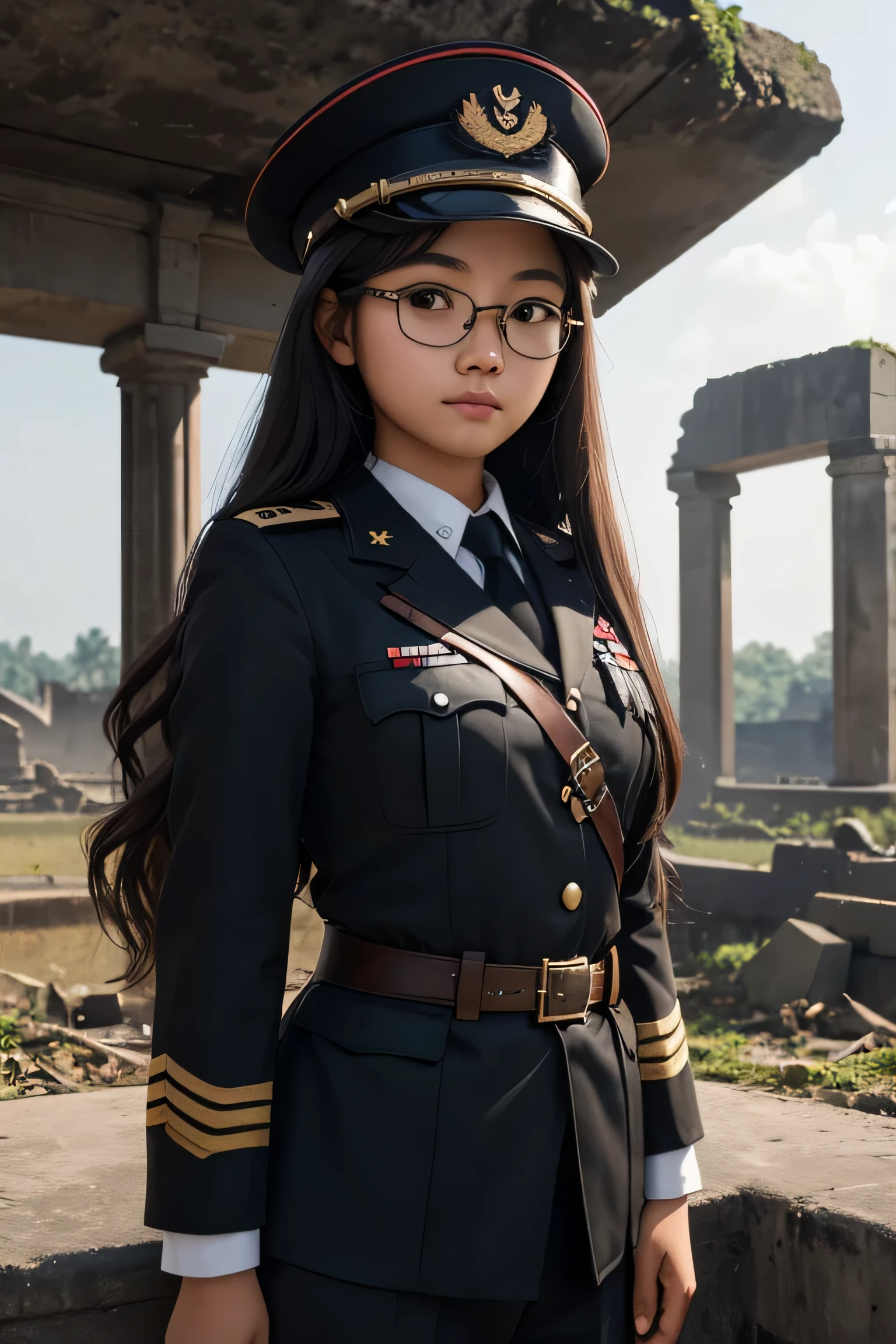 Detailed face of half body photo. 25 year old Indonesian girl with a sweet face, big round face and long brown wavy hair, round glasses, cursing the black uniform of a German army officer during World War 2 complete with hat, standing on the ruins of a building