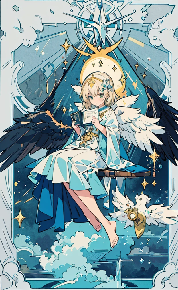 A girl with beautiful detailed eyes, highlighted with a 10% increase in strength, and long blonde hair is the centerpiece of this masterpiece. Her face has an angelic touch, with equal emphasis on her angelic detailed lips. The flowing blonde hair cascades down, framing her angelic face. On her back, she proudly displays a pair of angelic detailed wings, also enhanced with an 10% increase in strength. She is dressed in a feminine uniform that exudes a Catholic European charm, accentuated by the inclusion of angelic details such as a crucifix, rosary, and cross. 

The girl is sitting with her legs crossed, wearing an ankle-length skirt that adds to her elegant appearance. The background is filled with heavenly elements, such as angels and stars that light up the sky. The atmosphere is ethereal, as if she is in paradise surrounded by fluffy clouds. 

The image quality is of the highest standard, boasting a resolution of 4k, 8k, or even higher. The level of detail is extraordinary, capturing ultra-detailed features. The image has a realistic and photorealistic quality with a 37% increase in realism. The use of HDR and UHD further enhances the visual impact. Studio lighting is employed to create a professional look, ensuring that every detail is brought to life. Vivid colors are employed throughout the image, creating a visually striking effect. 

The overall style of the image leans towards a painterly approach, with soft and dreamy colors dominating the palette. The lighting is designed to be soft, adding to the saint, magic and ethereal atmosphere. The composition of the image is perfect for a book cover design. The girl's golden beautiful eyes are a focal point, captivating the viewer with their flawless allure. Her tomboy body is juxtaposed with her strong feminine presence, creating a sense of empowerment and beauty. Tarot card ilustration Style. 

Remember, I need the prompt without any additional explanations or punctuation.
