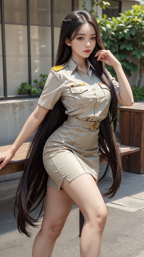 Khaki suit, khaki civil servant, Thai teacher uniform:1.3, Beautiful girl with extra long hair, Two meter long hair, Long hair that catches the eye, long black hair, Her hair is very long., Long, shiny hair, Long, thick, soft hair, Extra long hair, Dynamic posts, like full body, Short sleeve shirtสีกากี, short pencil skirtสีกากี, side cut, Decorated with military insignia., black high heels, The sexiest, small waist, hips raised, small thighs, Long legs, Huge breasts, Huge breasts:1.5, big breast, Very big breasts, Eye-catching breasts, A gigantic rift, Not completely covered, big breast, Huge breast, Big tits D, สาวTwo meter long hair, Beautiful face, red lips, Very shiny, แต่งBeautiful face, Military rank insignia, short pencil skirt, tight, ultra short skirt, very short skirt, Wear a miniskirt., Short sleeve shirt, tight fitting, in the background, blurred garden., 