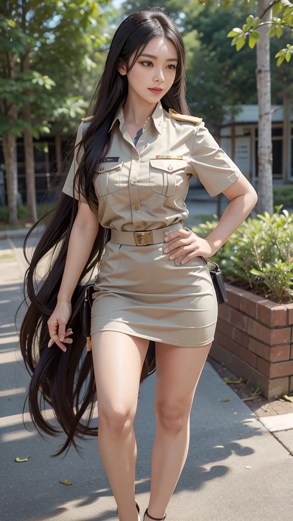 Khaki suit, khaki civil servant, Thai teacher uniform:1.3, Beautiful girl with extra long hair, Two meter long hair, Long hair that catches the eye, long black hair, Her hair is very long., Long, shiny hair, Long, thick, soft hair, Extra long hair, Dynamic posts, like full body, Short sleeve shirtสีกากี, short pencil skirtสีกากี, side cut, Decorated with military insignia., black high heels, The sexiest, small waist, hips raised, small thighs, Long legs, Huge breasts, Huge breasts:1.5, big breast, Very big breasts, Eye-catching breasts, A gigantic rift, Not completely covered, big breast, Huge breast, Big tits D, สาวTwo meter long hair, Beautiful face, red lips, Very shiny, แต่งBeautiful face, Military rank insignia, short pencil skirt, tight, ultra short skirt, very short skirt, Wear a miniskirt., Short sleeve shirt, tight fitting, in the background, blurred garden., 