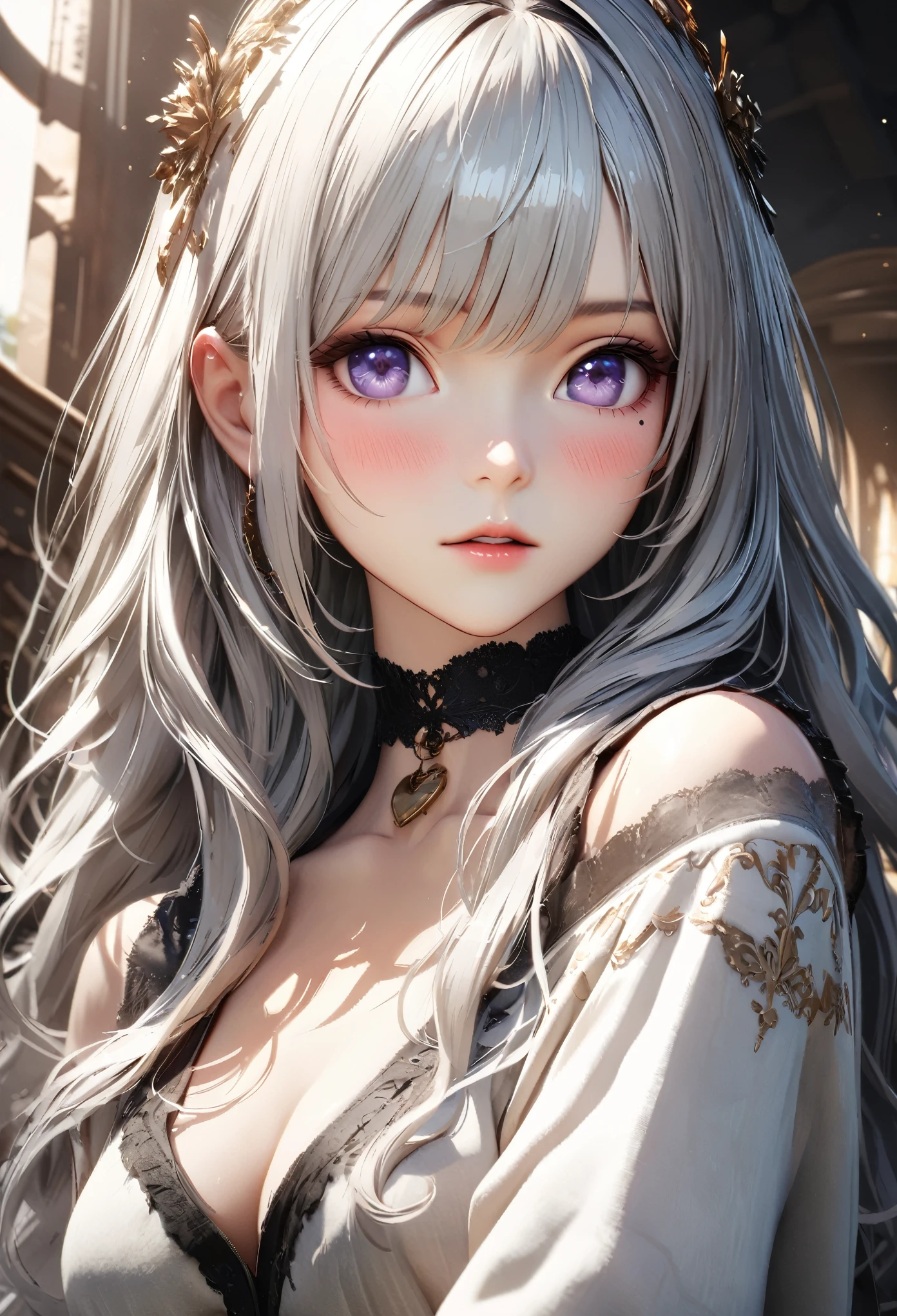 Masterpiece, Best Quality, Super Detailed, High Definition, Expensive Resolution, HDR, 4k, 8K, Unity 8k Wallpaper, Super Detailed CG, Masterpiece, Realistic, 2D, 3D, Beautiful Details, Depth, Fine Texture, Super Fine: 1.3, Complete concentration, crispy skin, him, very cute anime girl, high , expensive silver long hair, one girl, silver long hair, high , mole under the eye, gaze, expensive, blush,, parted Lips, hair ornament, heart, purple eyes, choker