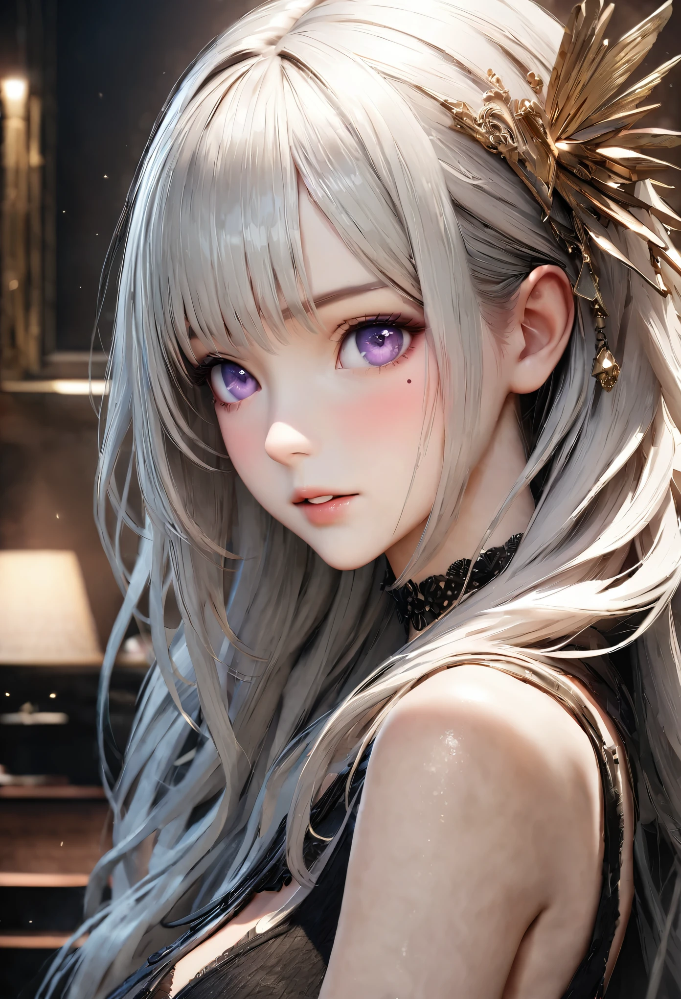 Masterpiece, Best Quality, Super Detailed, High Definition, Expensive Resolution, HDR, 4k, 8K, Unity 8k Wallpaper, Super Detailed CG, Masterpiece, Realistic, 2D, 3D, Beautiful Details, Depth, Fine Texture, Super Fine: 1.3, Complete concentration, crispy skin, him, very cute anime girl, high , expensive silver long hair, one girl, silver long hair, high , mole under the eye, gaze, expensive, blush,, parted Lips, hair ornament, heart, purple eyes, choker
