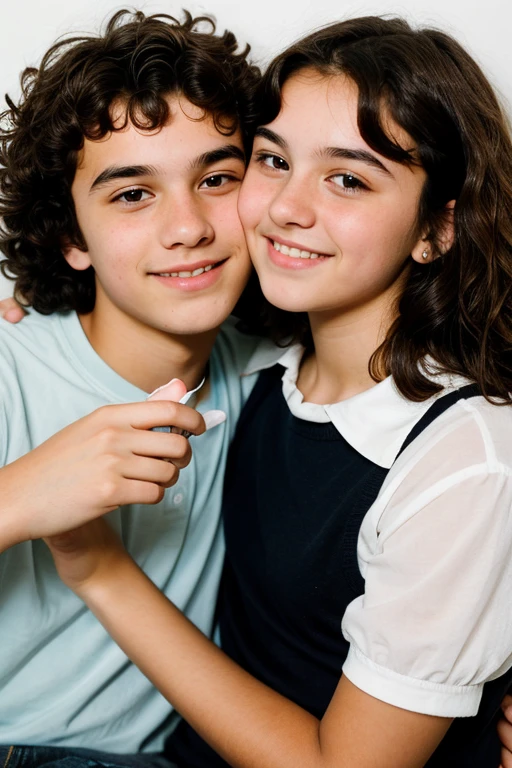  girl with straight brown hair kissing with a boy with black curly hair taking a photo