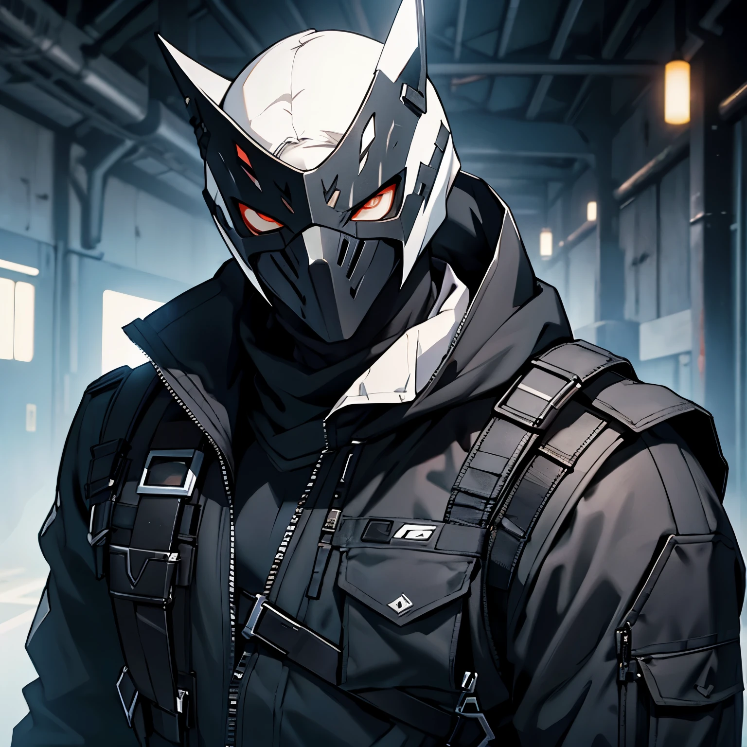 A mercenary in black clothing with a mask covering his face, imposing, white mask