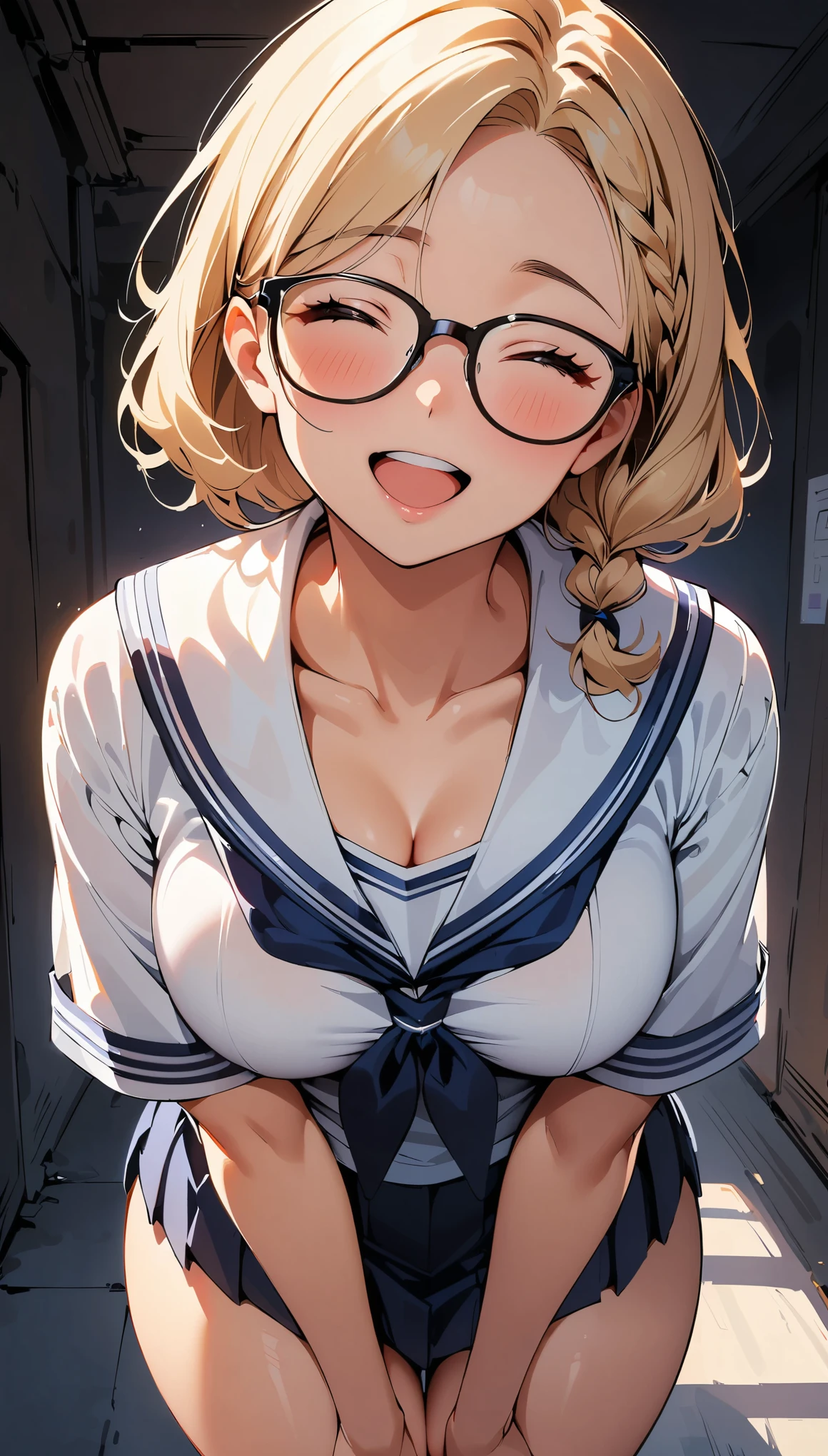 (high quality, 8K, 4k, high contrast, masterpiece:1.2, 最high quality, best aesthetics), (dynamic angle), ((1 female)), erotic, sexy, mature body, JK, , Braid, Glasses, sexyな唇, excited, Chairman, sailor suit:1.2, open your mouth.