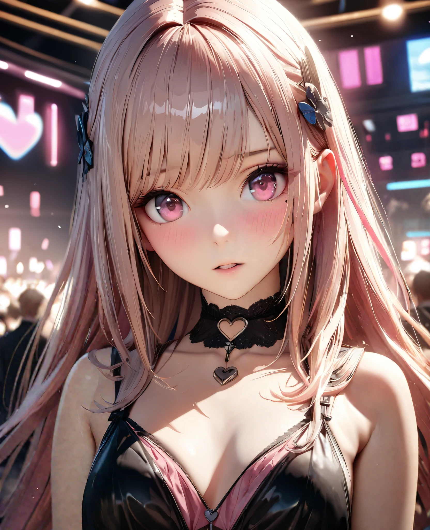 Masterpiece, Best Quality, Super Detailed, High Definition, Expensive Resolution, HDR, 4k, 8K, Unity 8k Wallpaper, Super Detailed CG, Masterpiece, Realistic, 2D, 3D, Beautiful Details, Depth, Fine Texture, Super Fine: 1.3, Complete concentration, crispy skin, him, very cute anime girl, high , expensive semi-long hair, one girl, solo, Watch the audience,pink semi-long hair, high , mole under the eye, line of sight, expensive, blushing, parted closed lips, hair ornament, heart, pink eyes, choker
