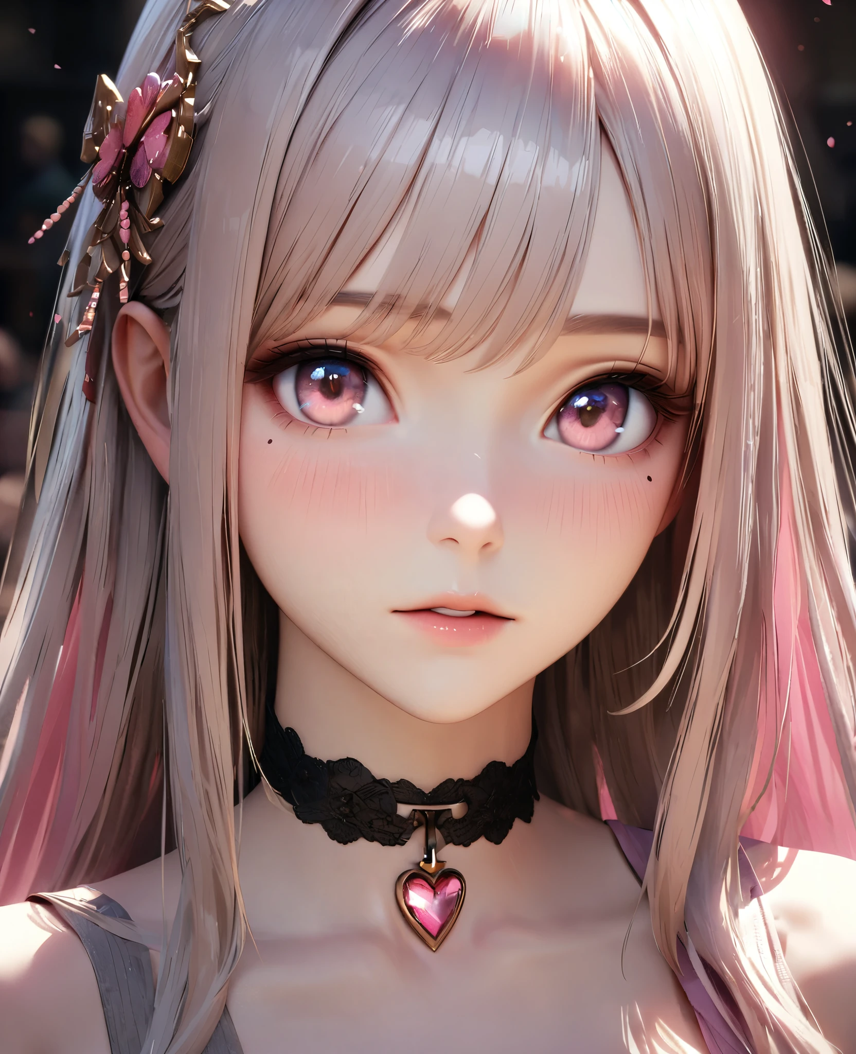 Masterpiece, Best Quality, Super Detailed, High Definition, Expensive Resolution, HDR, 4k, 8K, Unity 8k Wallpaper, Super Detailed CG, Masterpiece, Realistic, 2D, 3D, Beautiful Details, Depth, Fine Texture, Super Fine: 1.3, Complete concentration, crispy skin, him, very cute anime girl, high , expensive semi-long hair, one girl, solo, Watch the audience,pink semi-long hair, high , mole under the eye, line of sight, expensive, blushing, parted closed lips, hair ornament, heart, pink eyes, choker