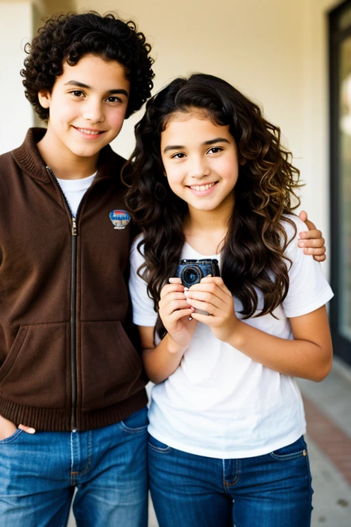 12 year old girl with straight brown hair holding hands with a boy with black curly hair taking a photo