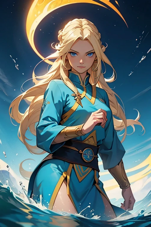 ((best quality)), ((masterpiece)), ((detailed)) woman, long blonde hair, bright blue eyes, soft smile, kind, pretty, avatar the last airbender, waterbender, dynamic pose