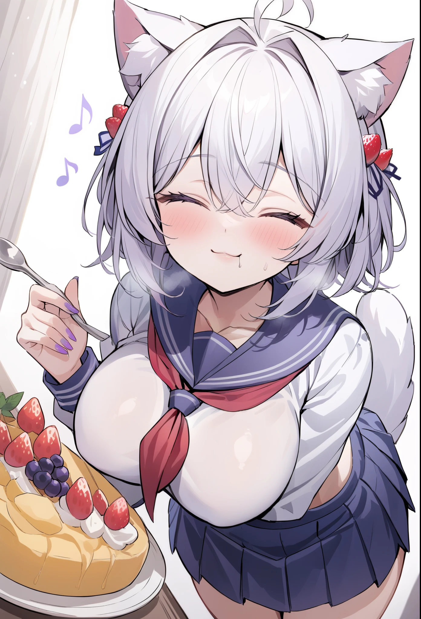 rating: general,  1girl, solo, , closed eyes, cat ears, food, fruit, serafuku, strawberry, skirt, ahoge, musical note, eating, :3, cat girl, purple and white hair, holding, neckerchief, pleated skirt, holding food, hair ornament, blue skirt, blush, breasts, red neckerchief, smile, short hair, eighth note, large breasts, hair intakes, hair between eyes, sailor collar, nail polish,, masterpiece, best quality