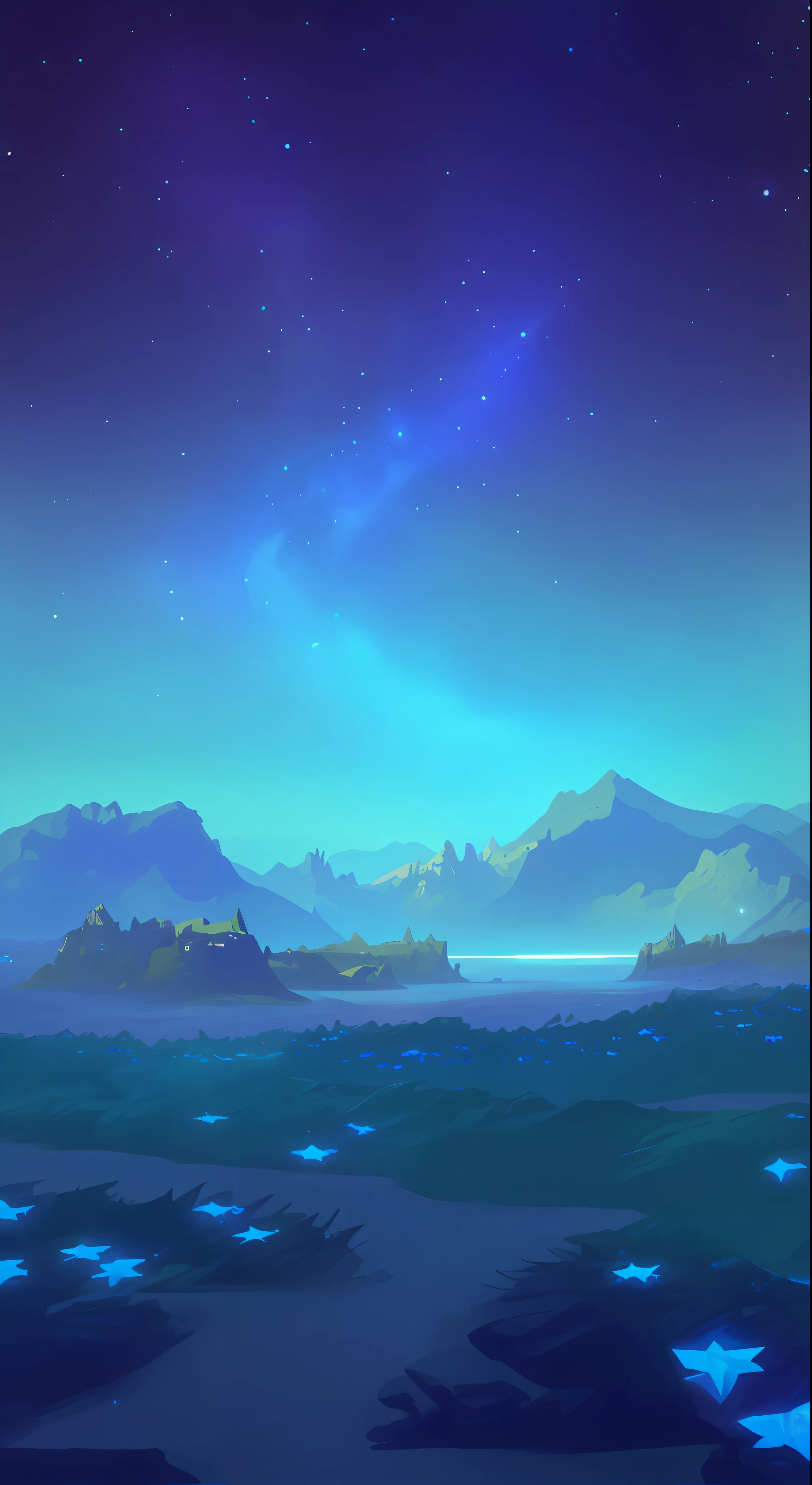 starry night sky with mountain range and body of water, background art, background artwork, stylized conceptual art, Screensaver art, 2D gaming background, scenery game conceptual art, painted as a game conceptual art, conceptual art stunning atmosphere, conceptual art | RADS, conceptual art magical highlight, luminescent conceptual art, conceptual art. Epic Landscape
