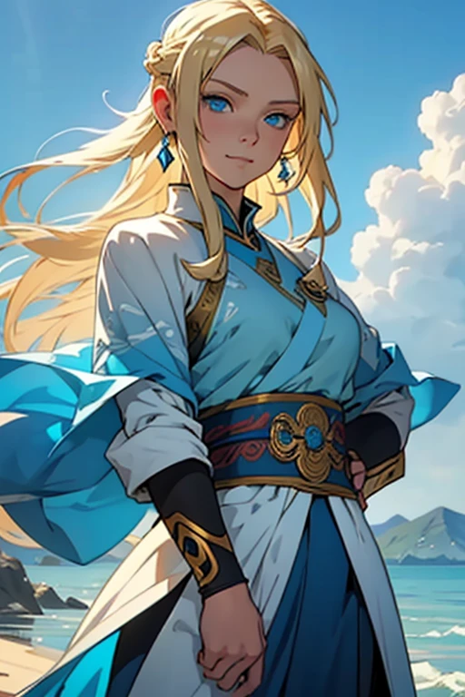 ((best quality)), ((masterpiece)), ((detailed)) woman, long blonde hair, bright blue eyes, soft smile, kind, pretty, avatar the last airbender, waterbender